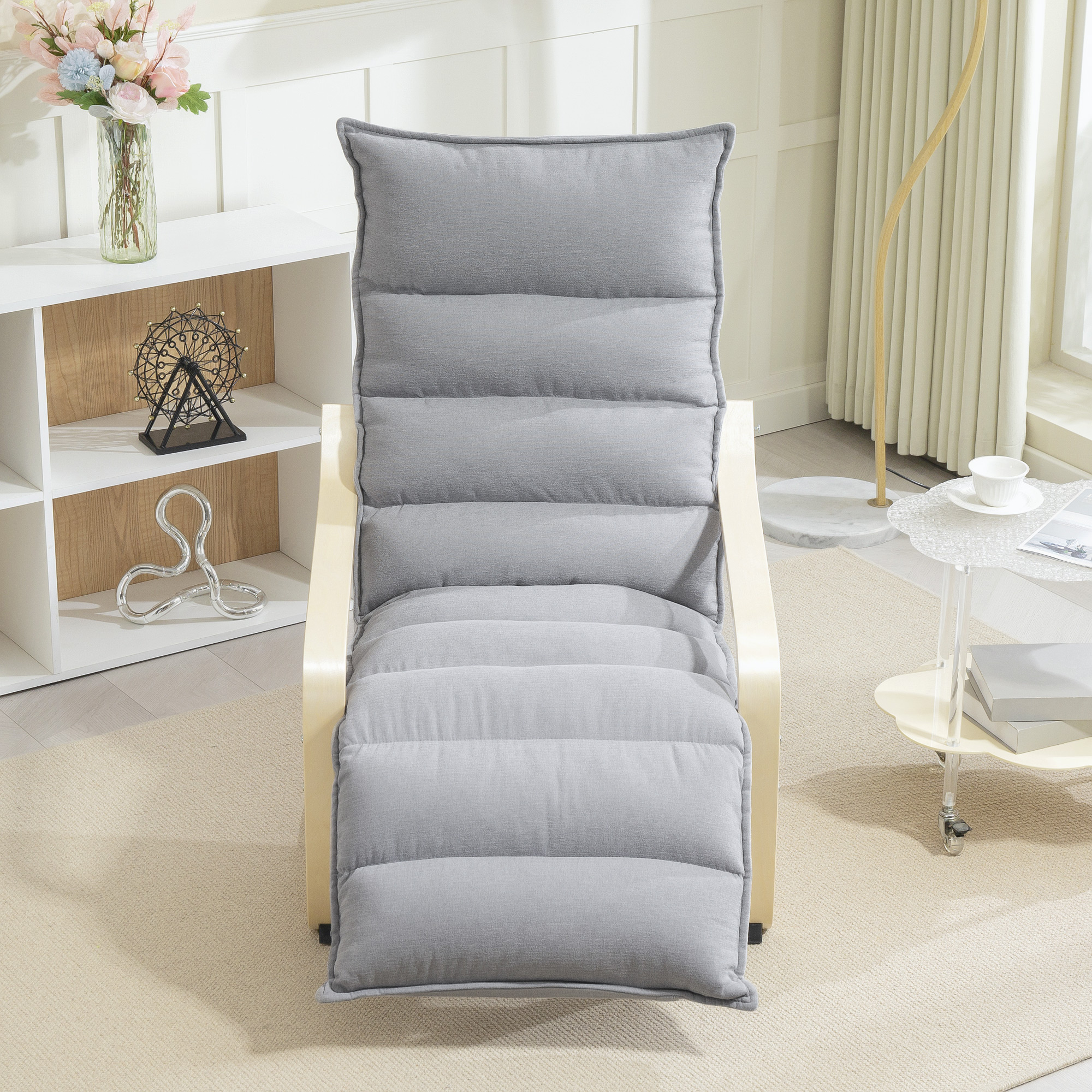 Lounge-Sessel aus Birkenholz, Polstersessel mit verstellbarer Fußstütze, Moderner Armlehnstuhl, Hellgrau