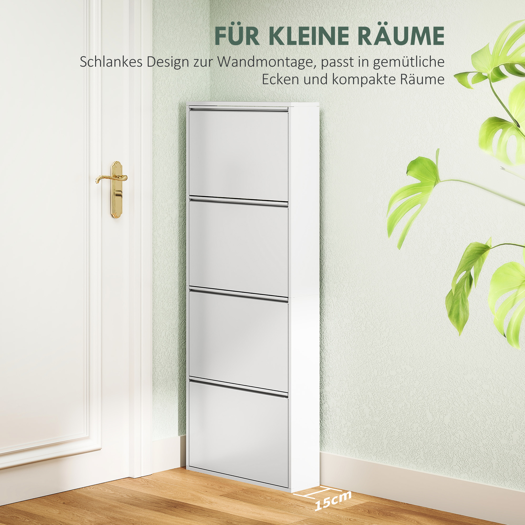 Schmaler Schuhschrank aus Metall für bis zu 8 Paar Schuhe, 4 Kippschubladen, für Flur, Eingangsbereich, Weiß