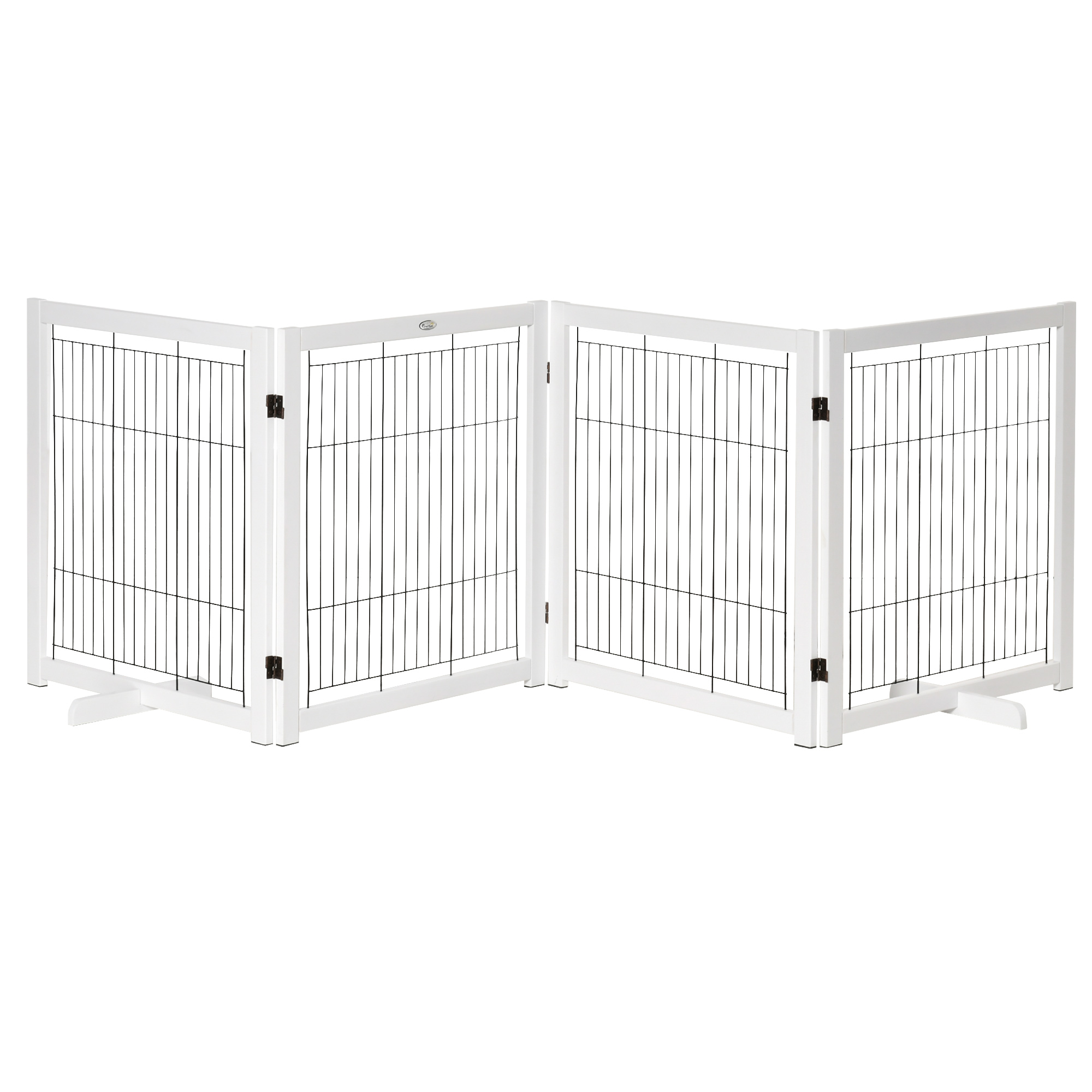 Absperrgitter Hund Freistehendes Schutzgitter mit Füßen 305 x 82 cm Holz Hundegitter Klappbar Treppenschutzgitter Hundeabsperrgitter für Treppen, Türen, Flur, 4 Paneelen, Weiß