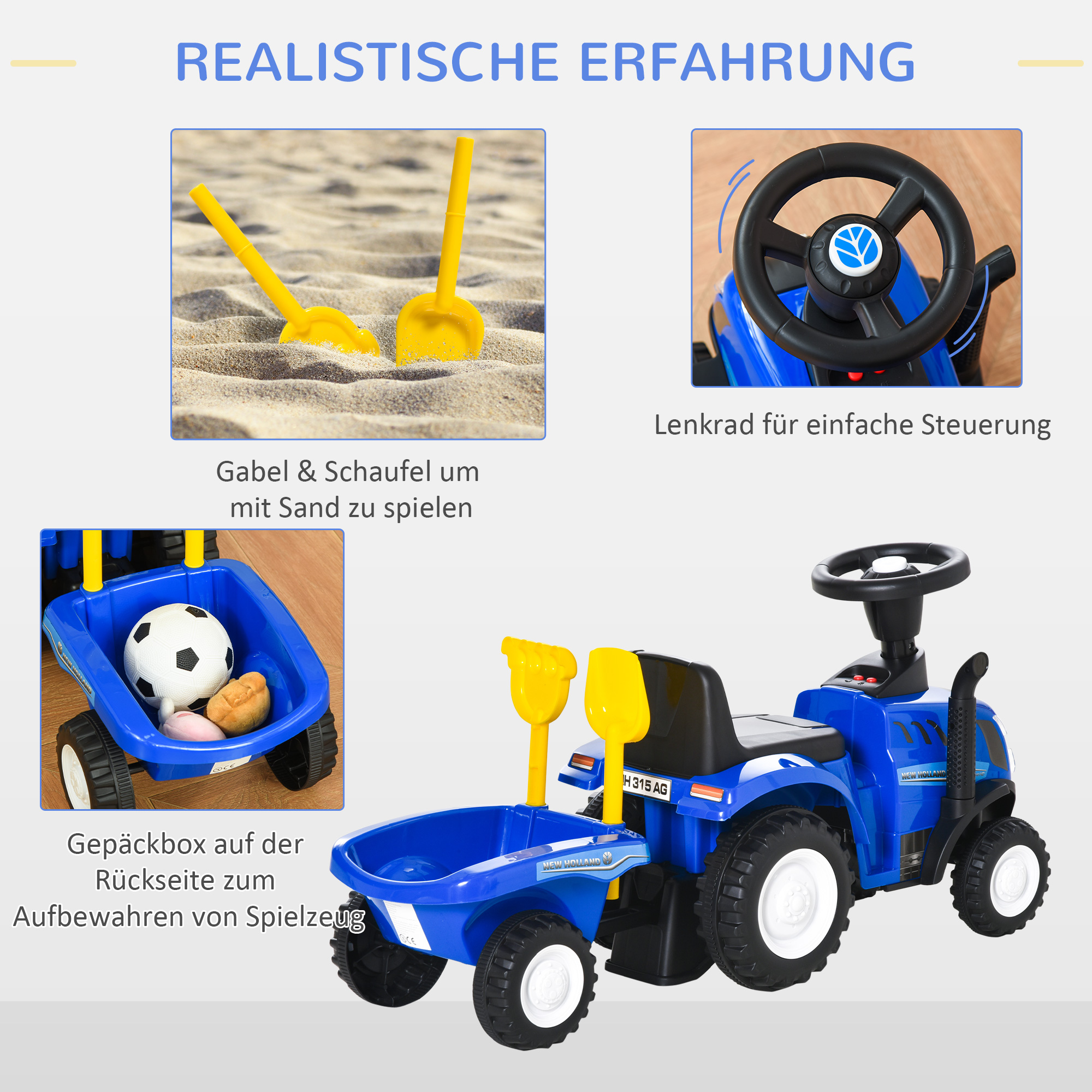 Rutsch-Traktor mit Anhänger, Hupe, Sandspielzeug, ab 1 Jahr, Kunststoff+Metall, blau, 91 x 29 x 44cm