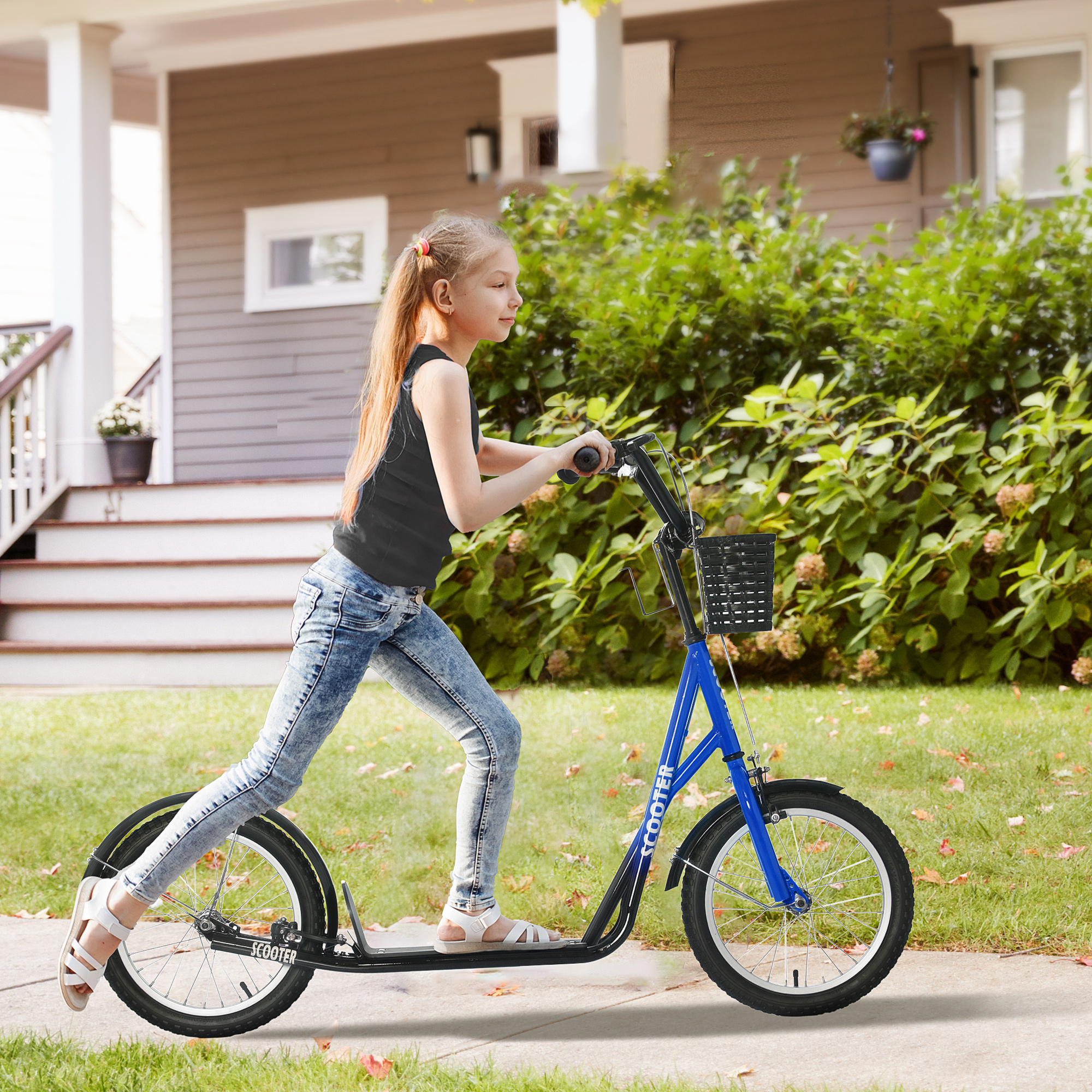 Kinderroller, Scooter mit Bremse, inkl. Korb, höhenverstellbar, für Kinder 5-12 J., blau+schwarz