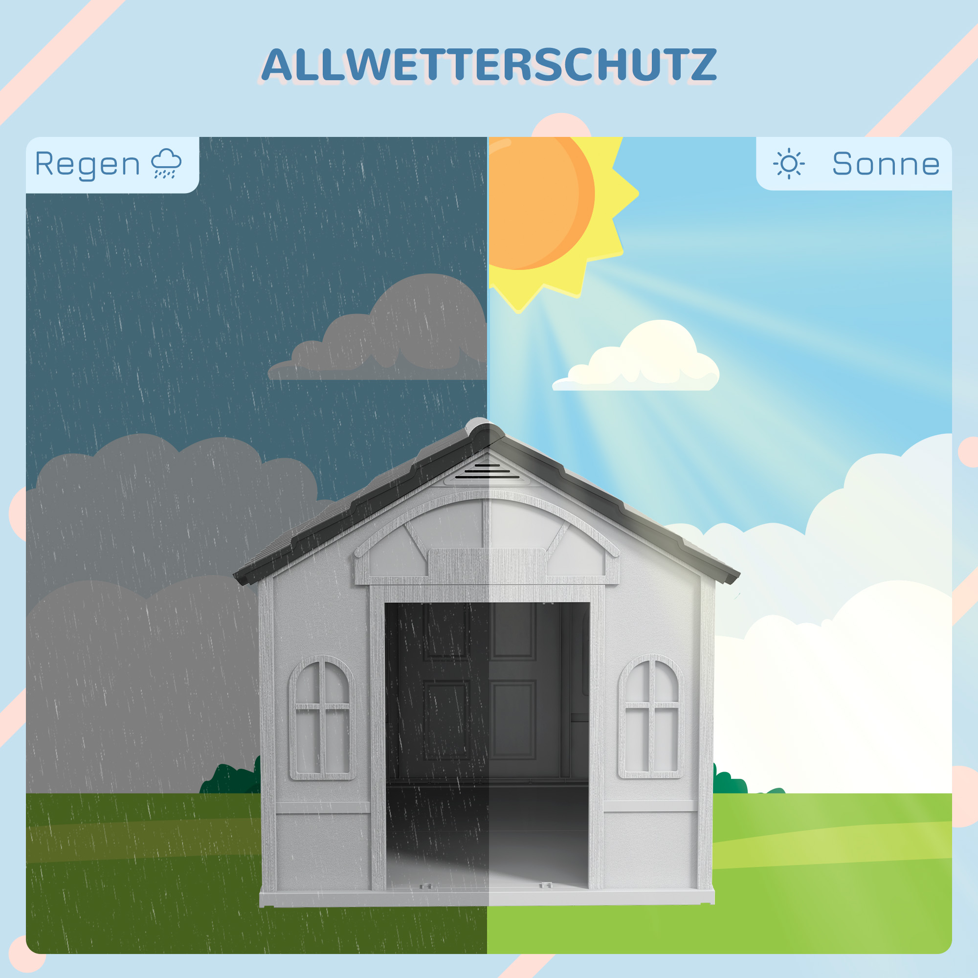 Hundehütte mit Satteldach, wetterfest, Kunststoff, 65 x 75,7 x 63 cm, Grau