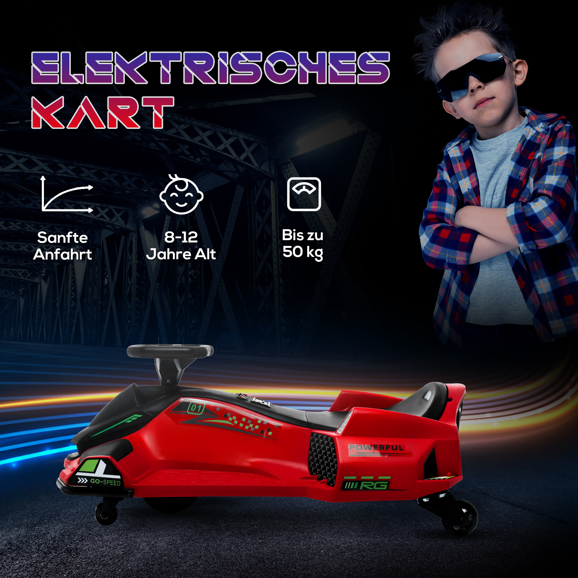 Elektrisches Go-Kart für Kinder, Gummiräder, 3-8 km/h, mit Lichtern und Musikfunktion, Rot
