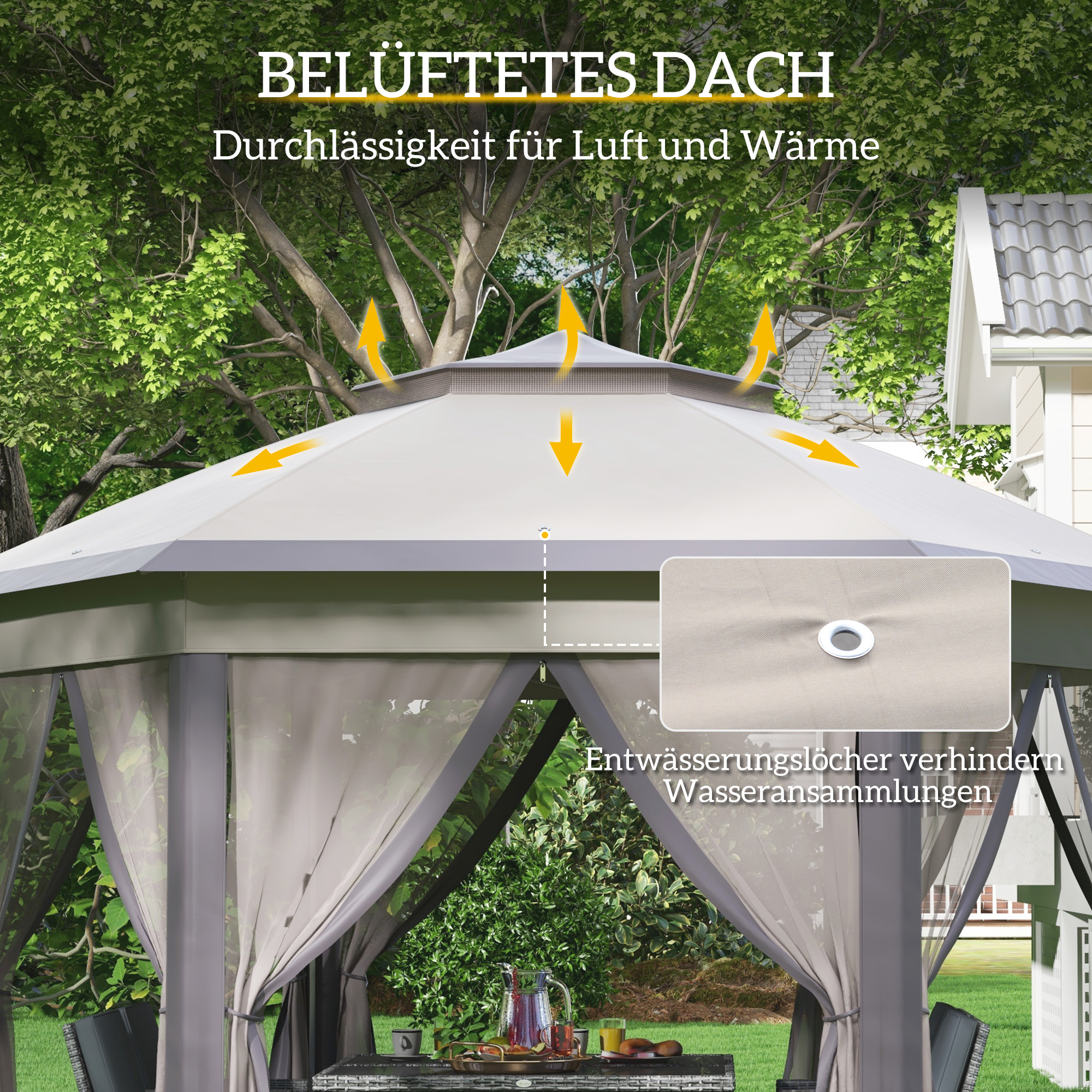 Gartenpavillon Faltpavillon 4 x 4 m Pop-Up-Zelt Partyzelt inkl. Tragetasche 6 Seitenteile Doppeldach sechseckig Beige