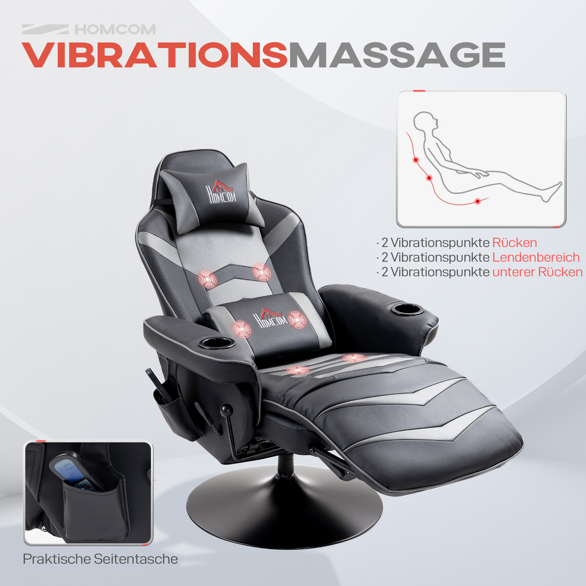 Gamingsessel, Massagefunktion, neigbare Lehne, Fußstütze, bis 120 kg, Stahlrahmen, Kunstleder, Grau