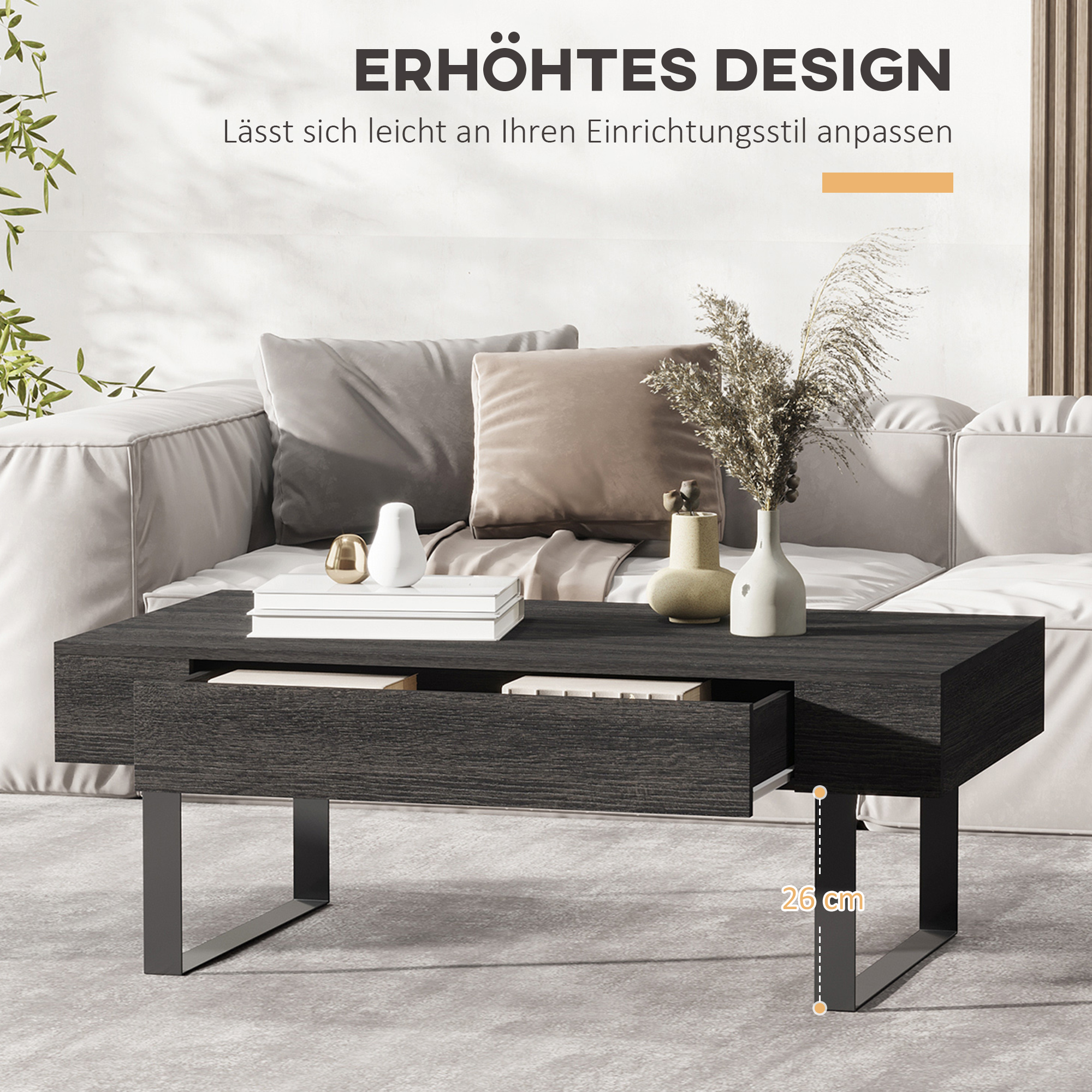 Couchtisch Wohnzimmertisch mit Schublade Modern Sofatisch mit Metallrahmen Beistelltisch Kaffeetisch für Wohnzimmer 110 x 60 x 40 cm, Dunkelgrau