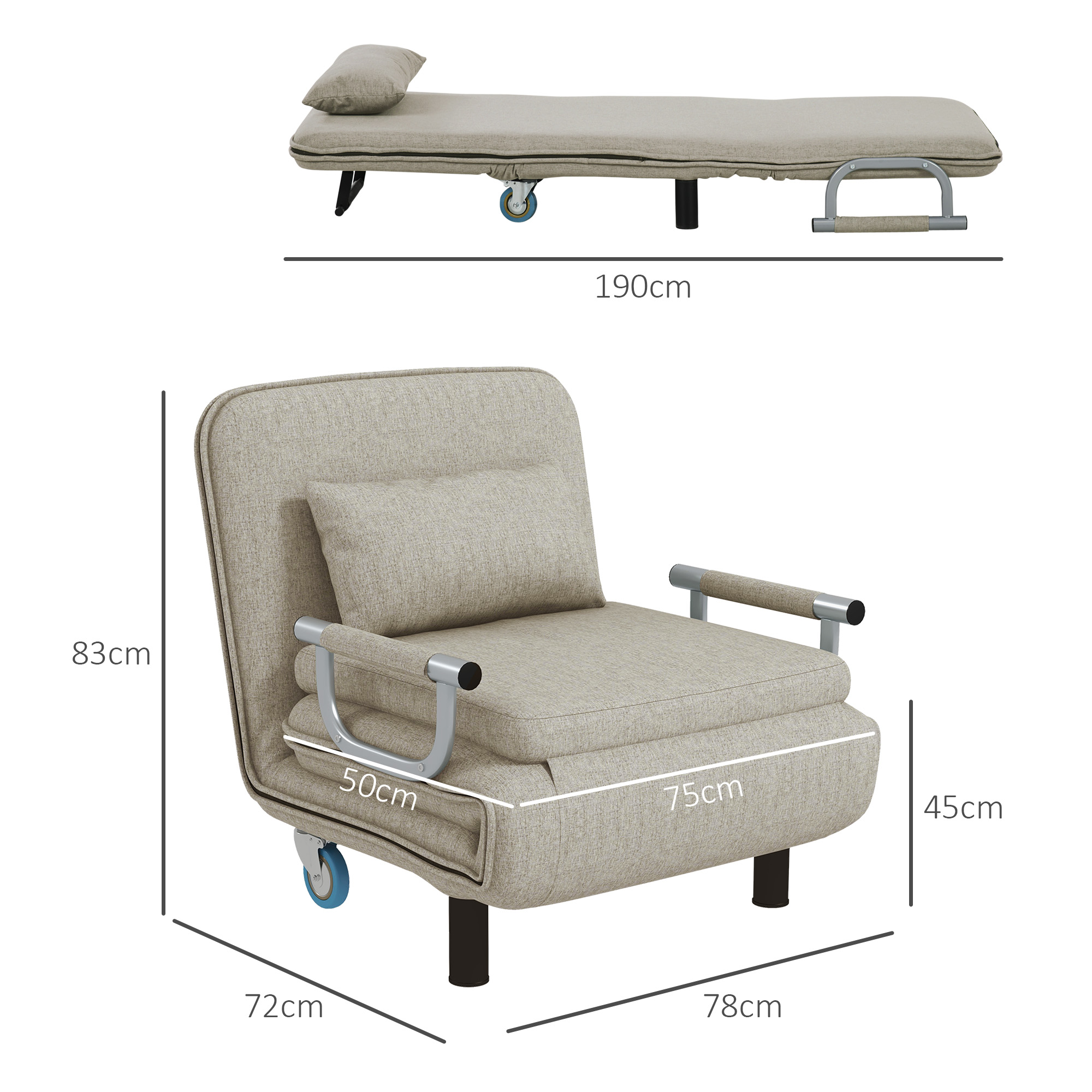 Klappbarer Schlafsessel, 3 in 1 Klappsessel mit verstellbarer Rückenlehne, für Schlafzimmer und Gästezimmer, Grau