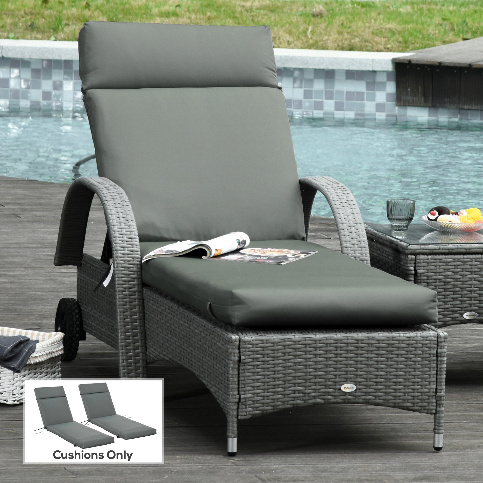 2er Set Auflage für Sonnenliege, Liegenauflage für Gartenliege extra dick 8cm Polsterauflage Dunkelgrau NUR Kissen