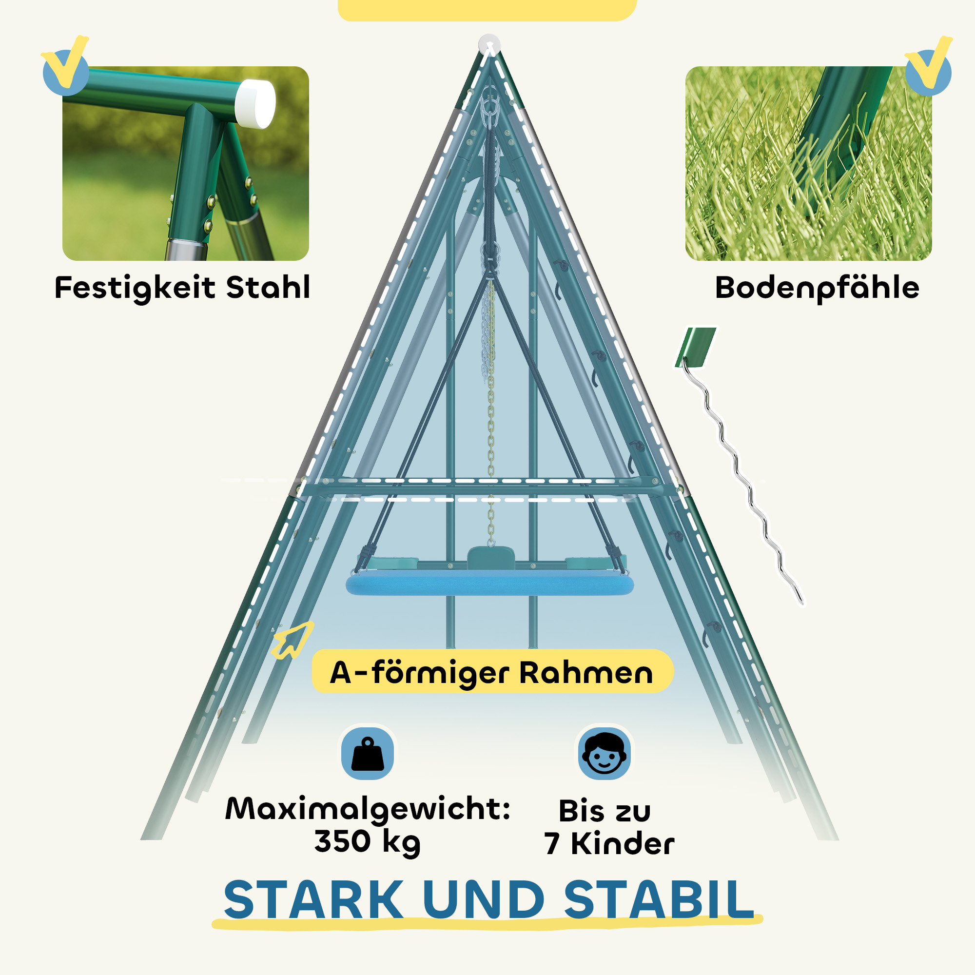 5-in-1 Schaukelgestell mit verstellbarer Nestschaukel Turnringe Doppelsitzer Klettergerüst für 3-8 Jahre 440x175x203 cm