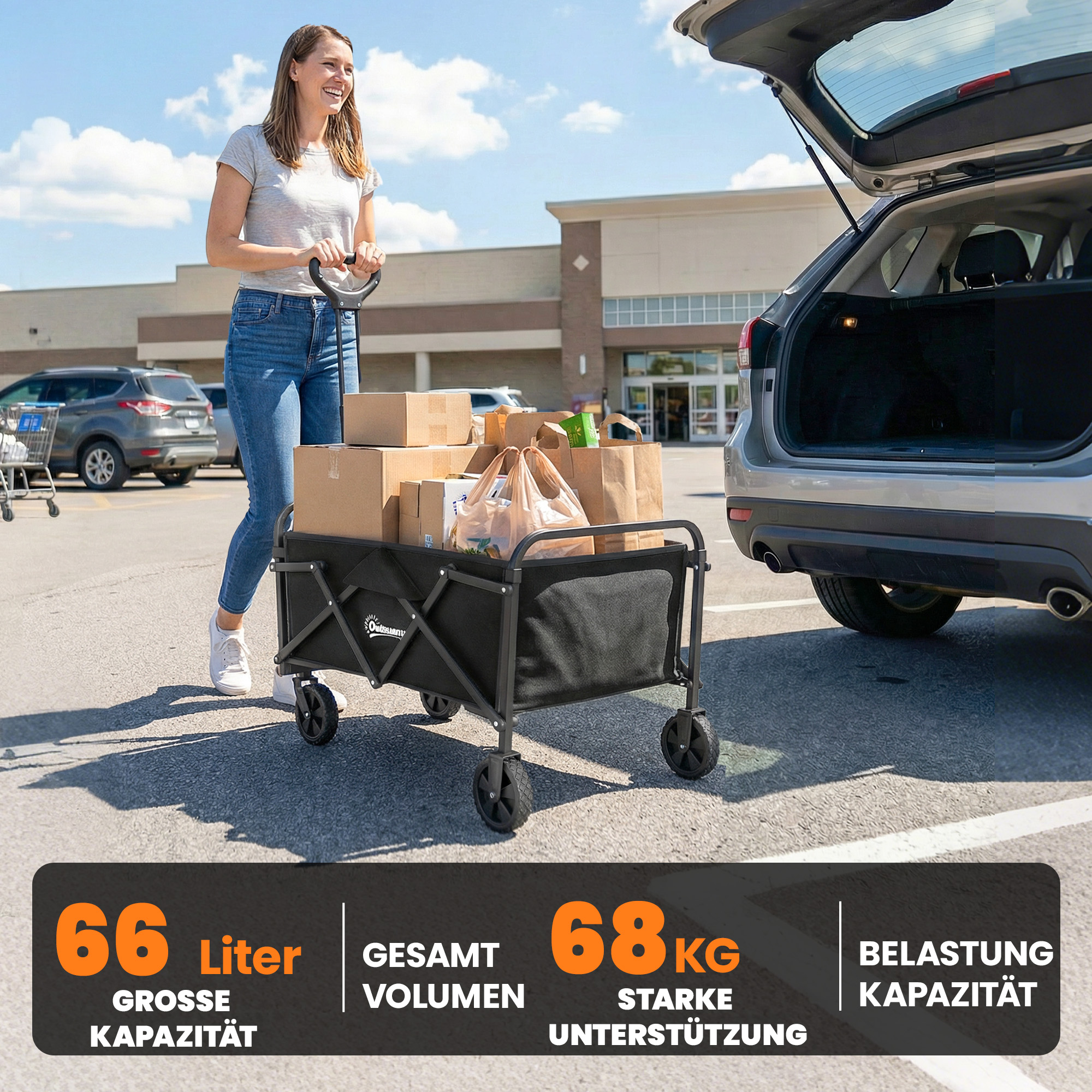 Bollerwagen faltbarer Handwagen mit Griff Verstellbarer Griffhöhe bis 68 kg Tragkraft für Sport Einkauf Camping Schwarz