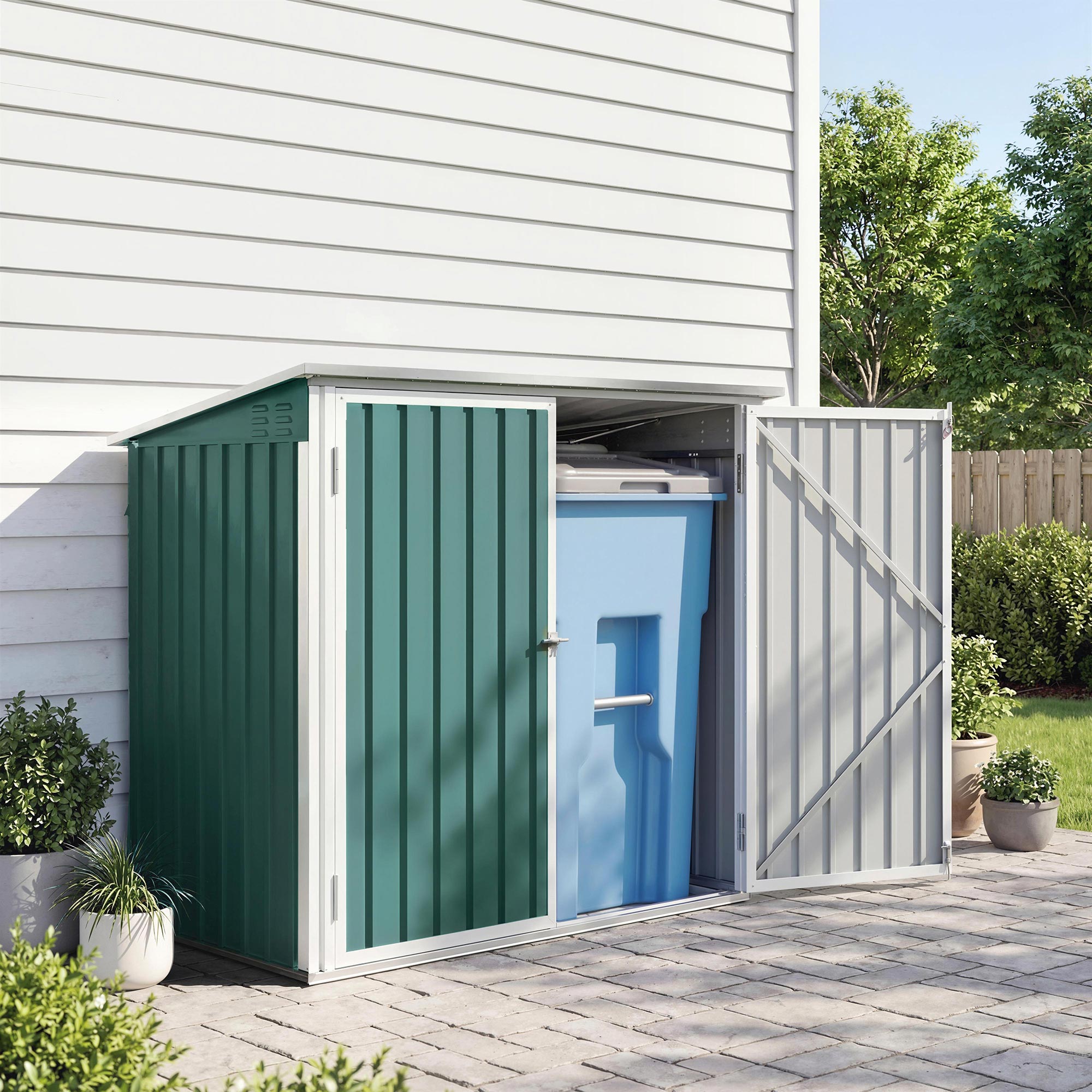 Mülltonnenbox Müllbox abschließbar Gerätebox mit Doppeltür Deckel für 2 Mülltonnen Stahl 179,5 x 108 x 129,5/113 cm Grün