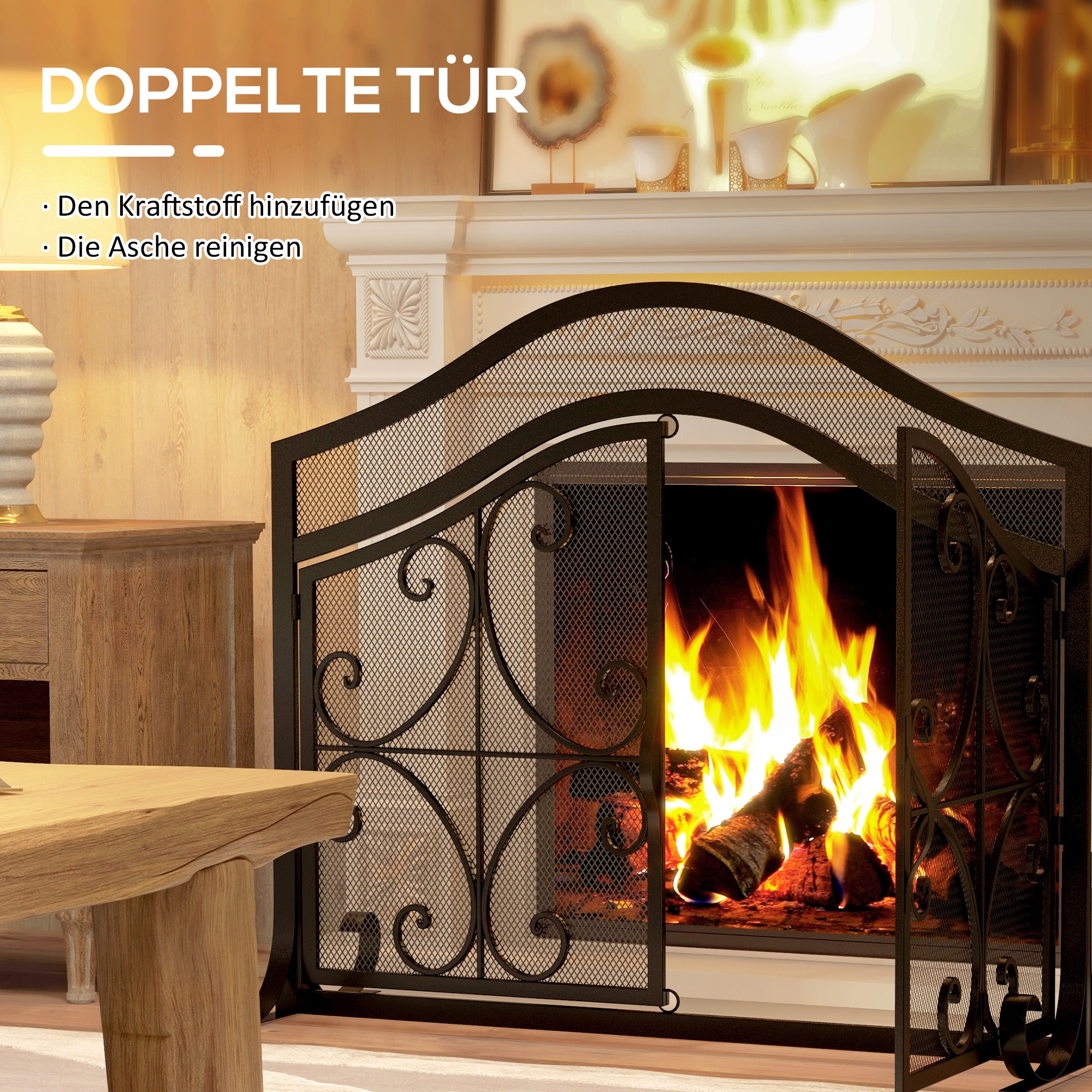 Funkenschutz für Kamine, elegantes Muster, doppeltürig, magnetische Türen, Schwarz, 105 x 40 x 80,5 cm