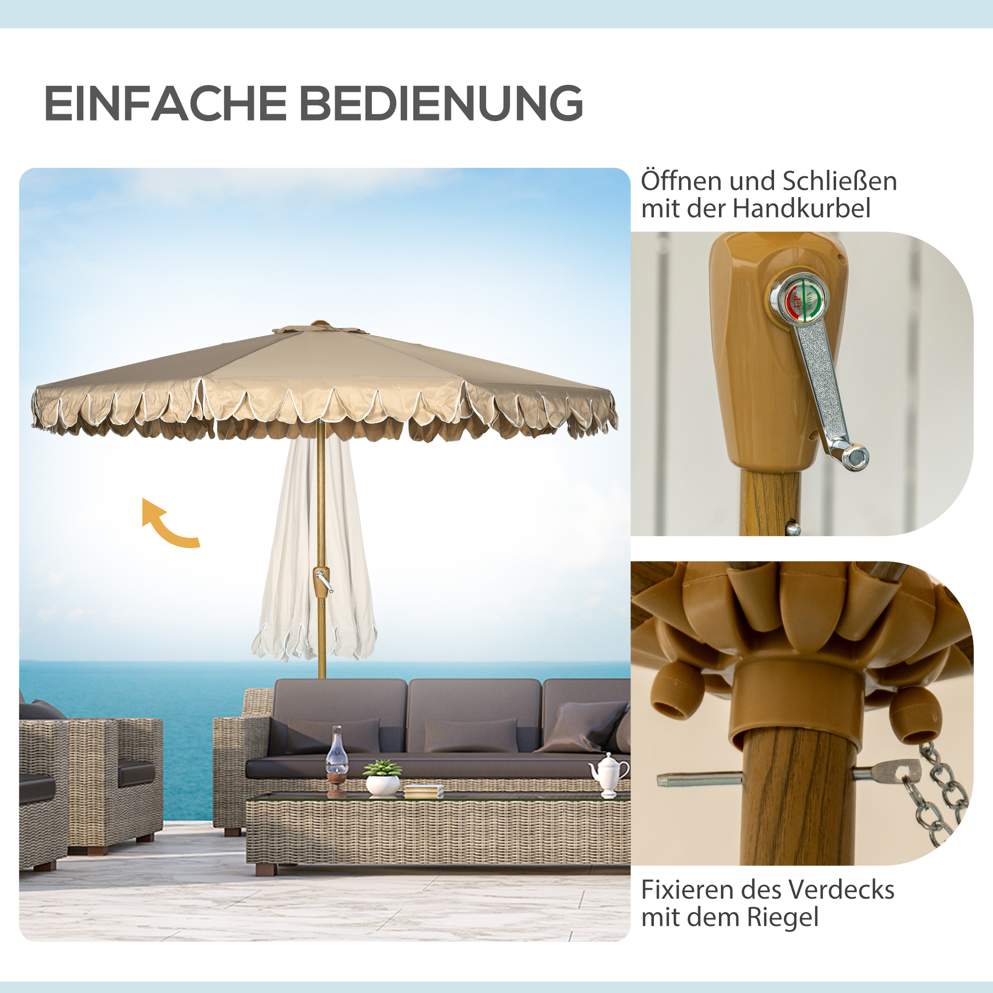 Sonnenschirm, mit Fransen, neigbar, mit Handkurbel, Stahl+Polyester, khaki, Ø264 x 240 cm