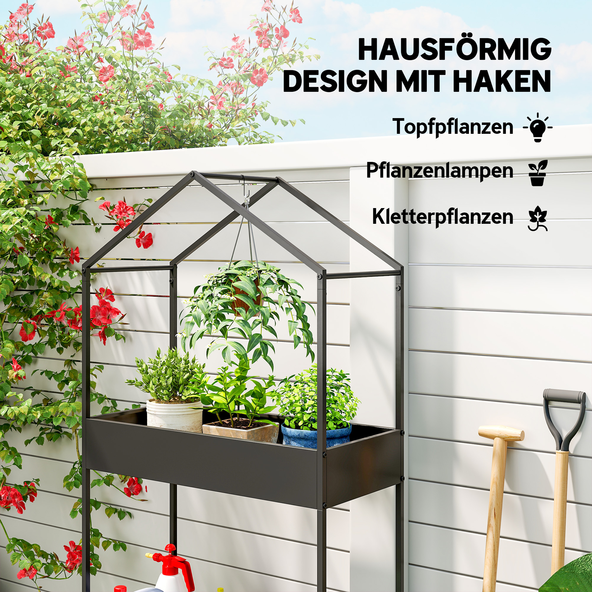 2-Etagen Pflanzenständer in Hausform, 150 cm hoch Blumenständer mit Haken, Metall Schwarz
