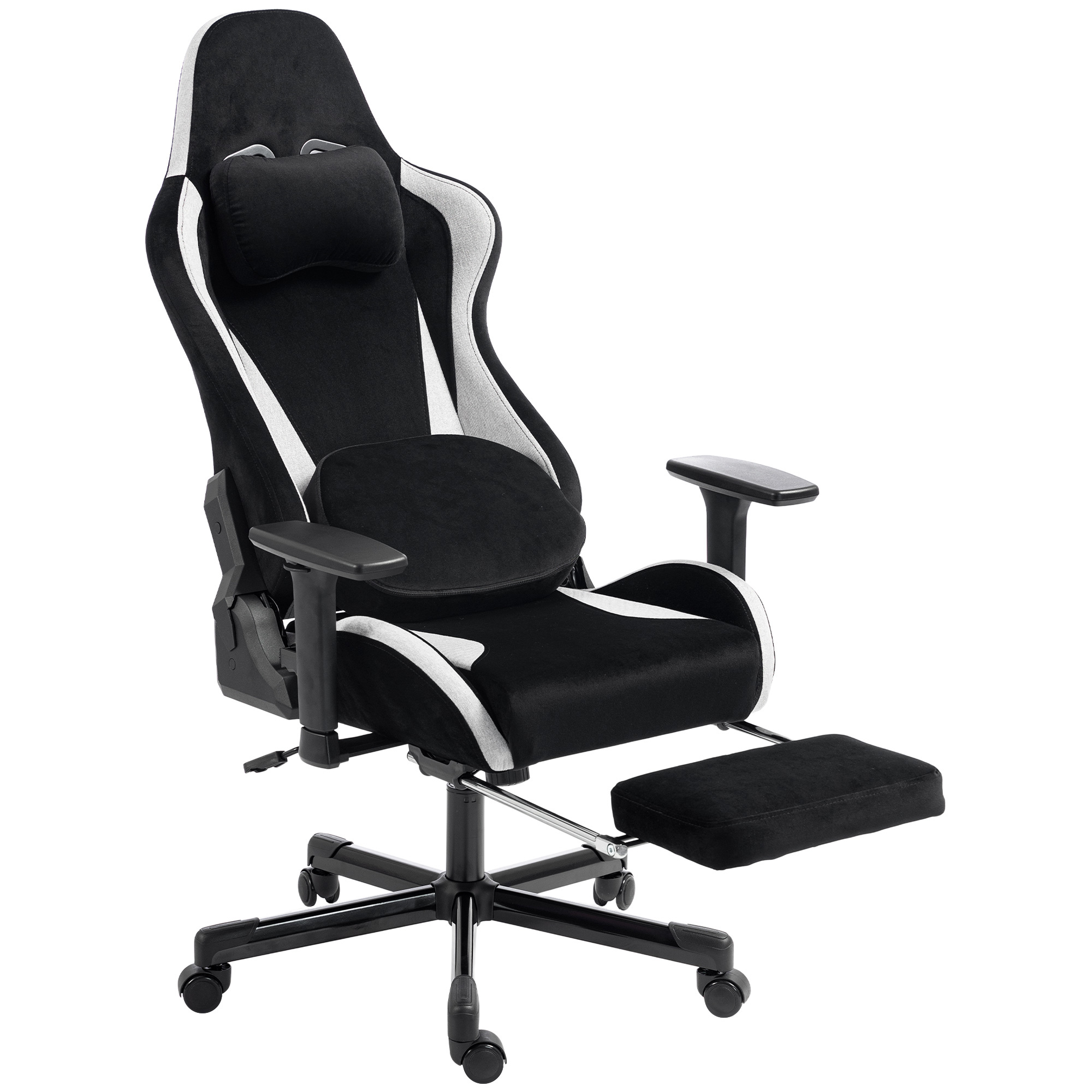 Gaming-Stuhl mit Massage- und beheiztem Lendenkissen, ergonomisch, Leinenoptik, 3D-Armlehnen, Kopfstütze, Schwarz