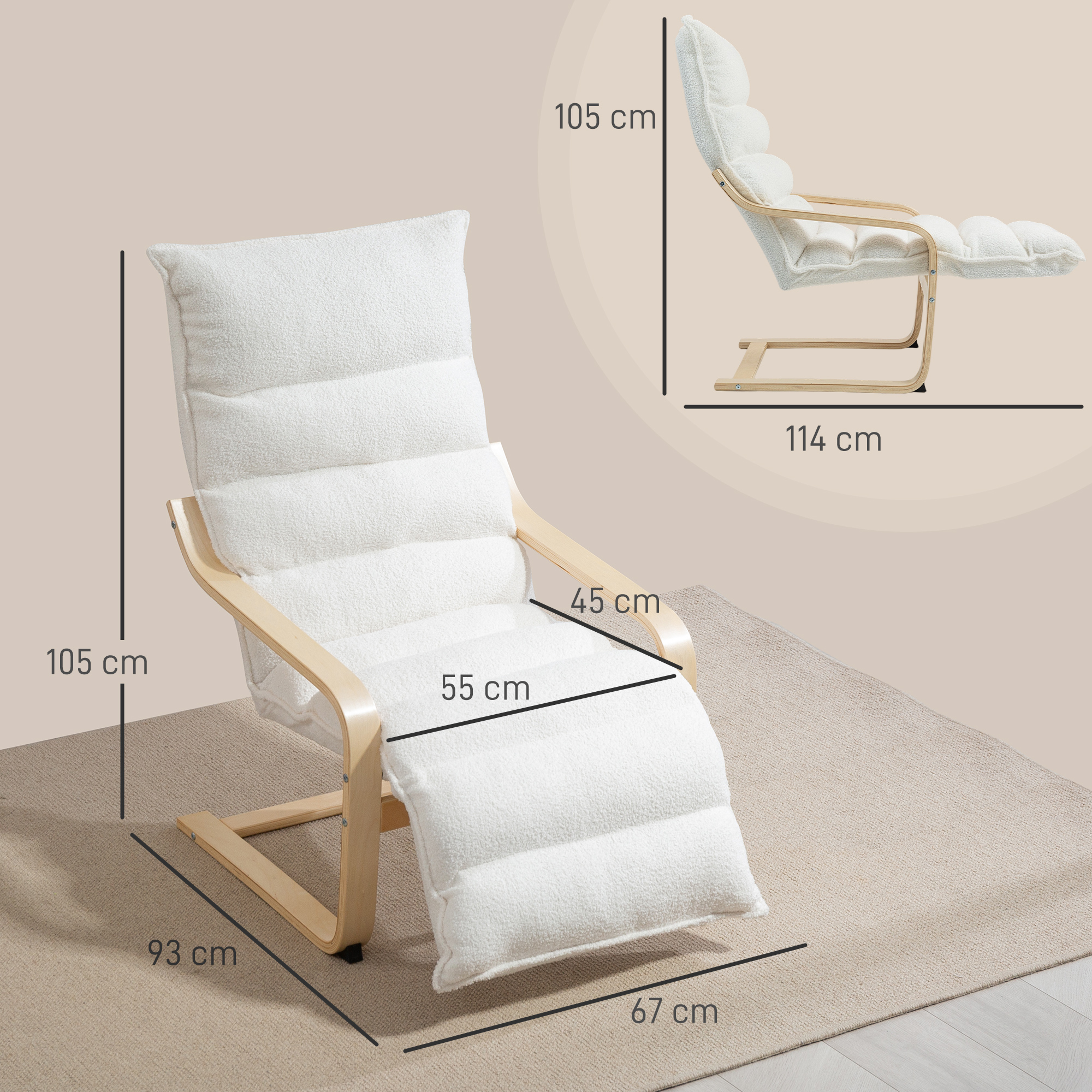 Lounge-Sessel aus Birkenholz, Polstersessel, verstellbare Fußstütze, Weiß