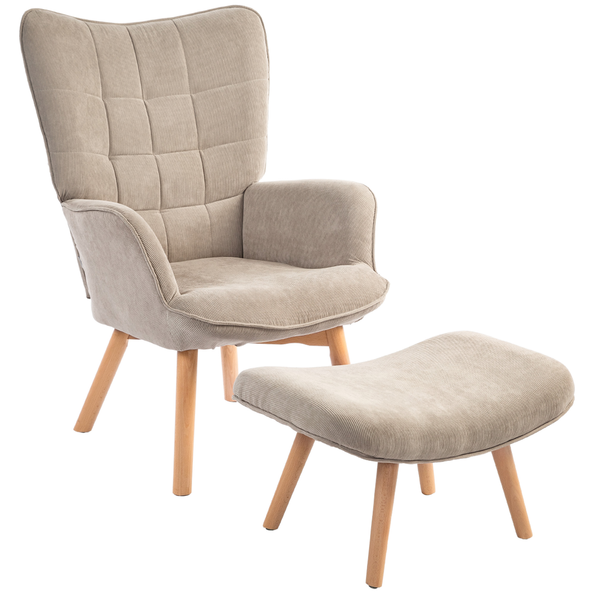Akzentsessel mit Hocker, Relaxsessel in Cord-Optik, Armlehnstuhl mit Holzbeinen, für Wohnzimmer, Hellbraun
