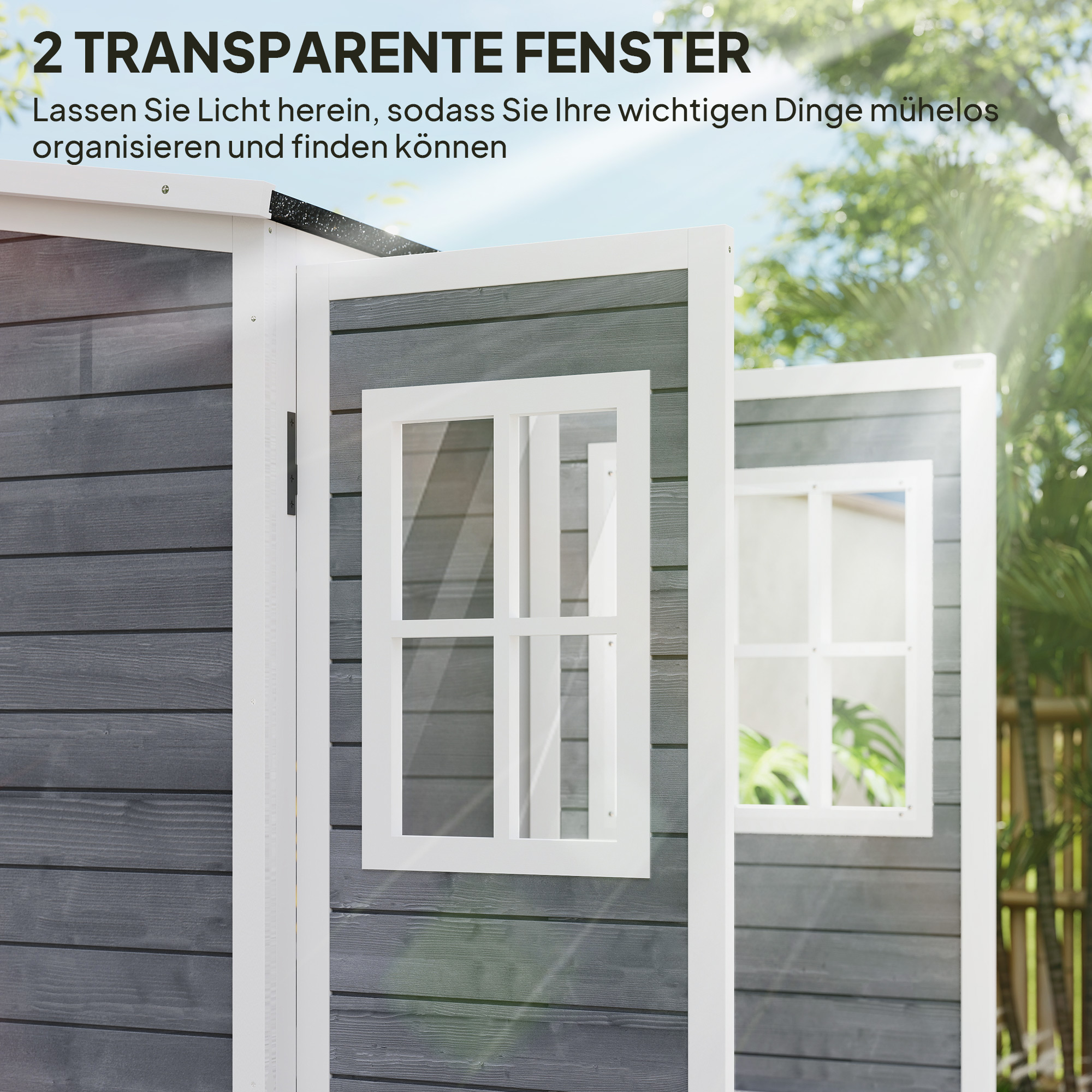 Gartenlagerschuppen, Werkzeugschuppen mit 2 Fenstern, Bodenpfähle, Asphalt-Dach, 91 x 69 x 192 cm, Tannenholz, Hellgrau