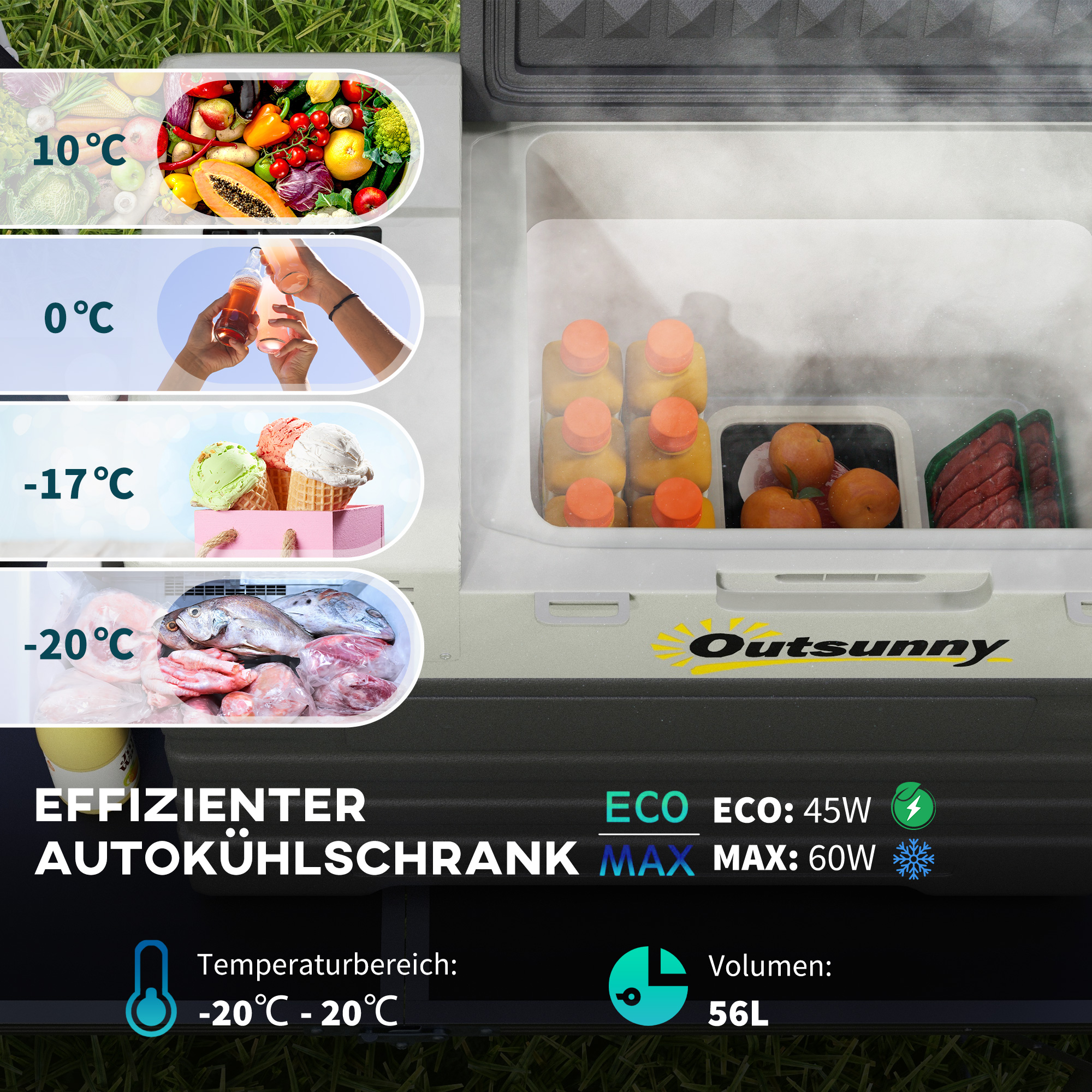 Autokühlschrank, Kühlbox, mobil, 56L -20? bis 20?, 69x43x54cm, Schwarz/Grau