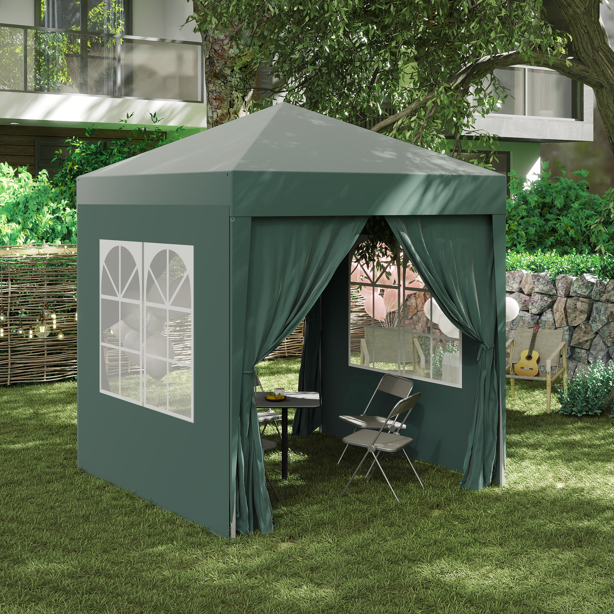 Faltpavillon, Bierzelt, 4 abnehmbare Seitenwände, 2 Fenster, Metallrahmen, 2 x 2m, Dunkelgrün