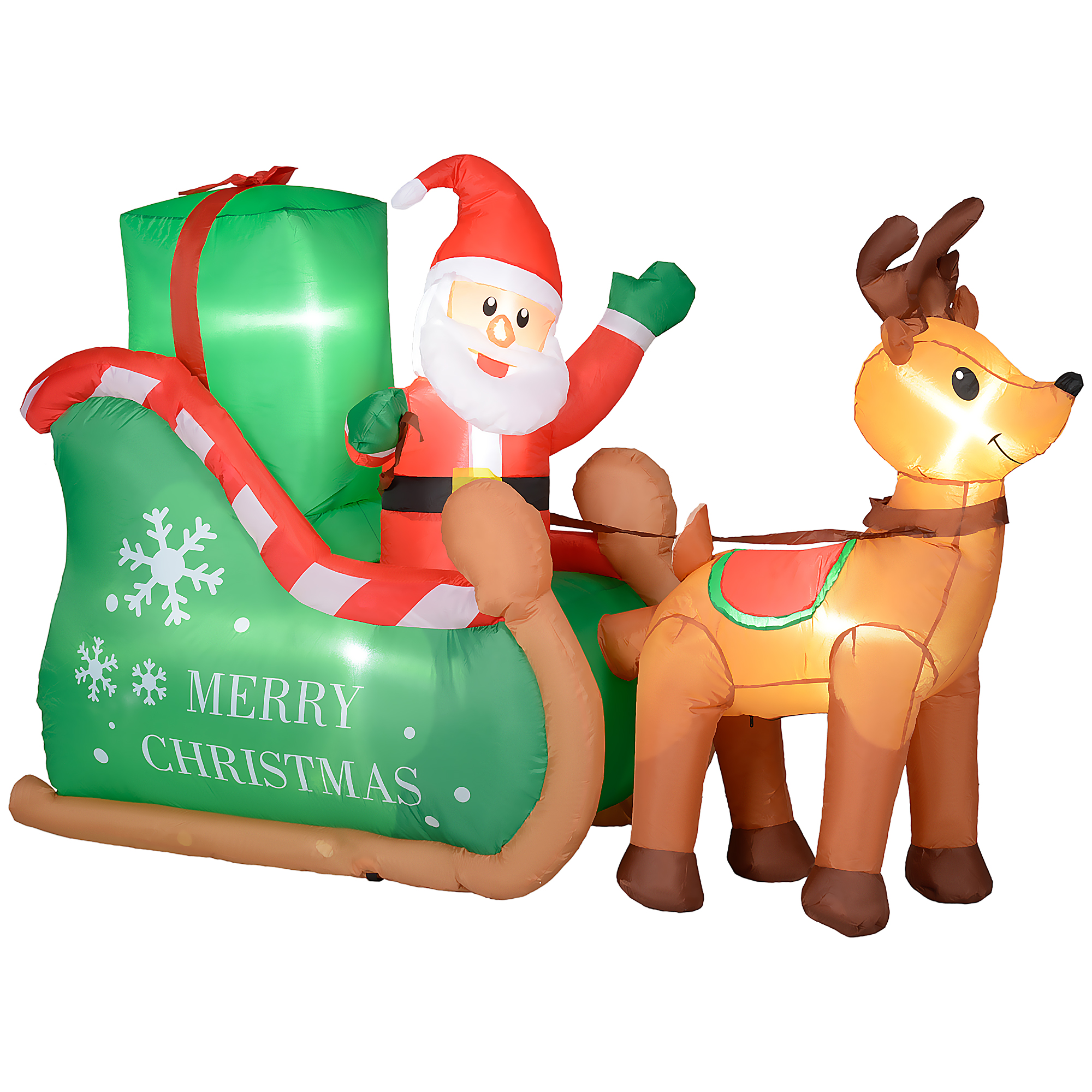 Weihnachtsmann mit Schlitten & Rentier, aufblasbar, weiße LED-Beleuchtung, 210 x 80 x 140 cm
