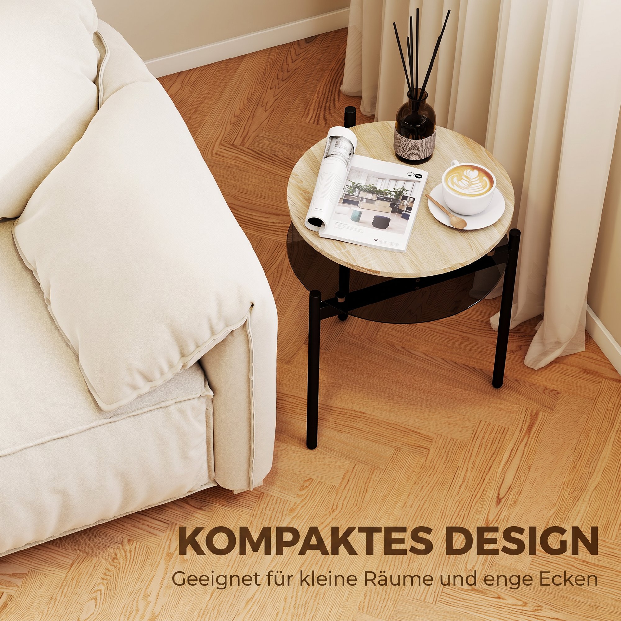 Runder Beistelltisch mit offener Glasablage für kleine Räume, Wohnzimmer, Schlafzimmer, 41,8 x 39,8 x 53,5 cm, Eiche