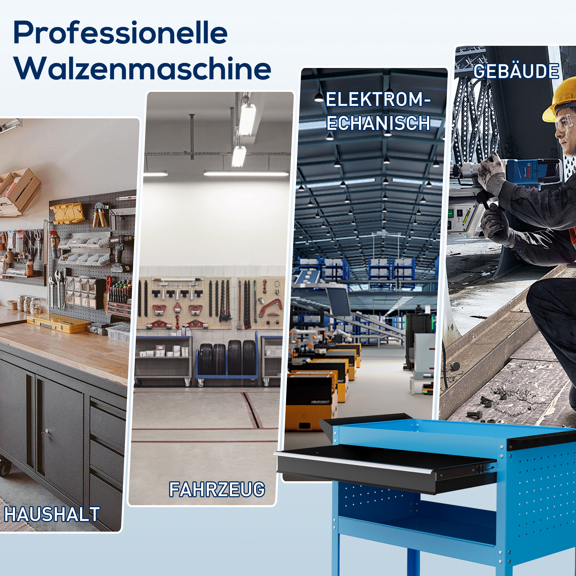 Werkzeugkoffer Werkzeugtrolley Werkzeugbox, 3 Ebenen, 4 Rollen, 82 cm x 35 cm x 76 cm, Blau