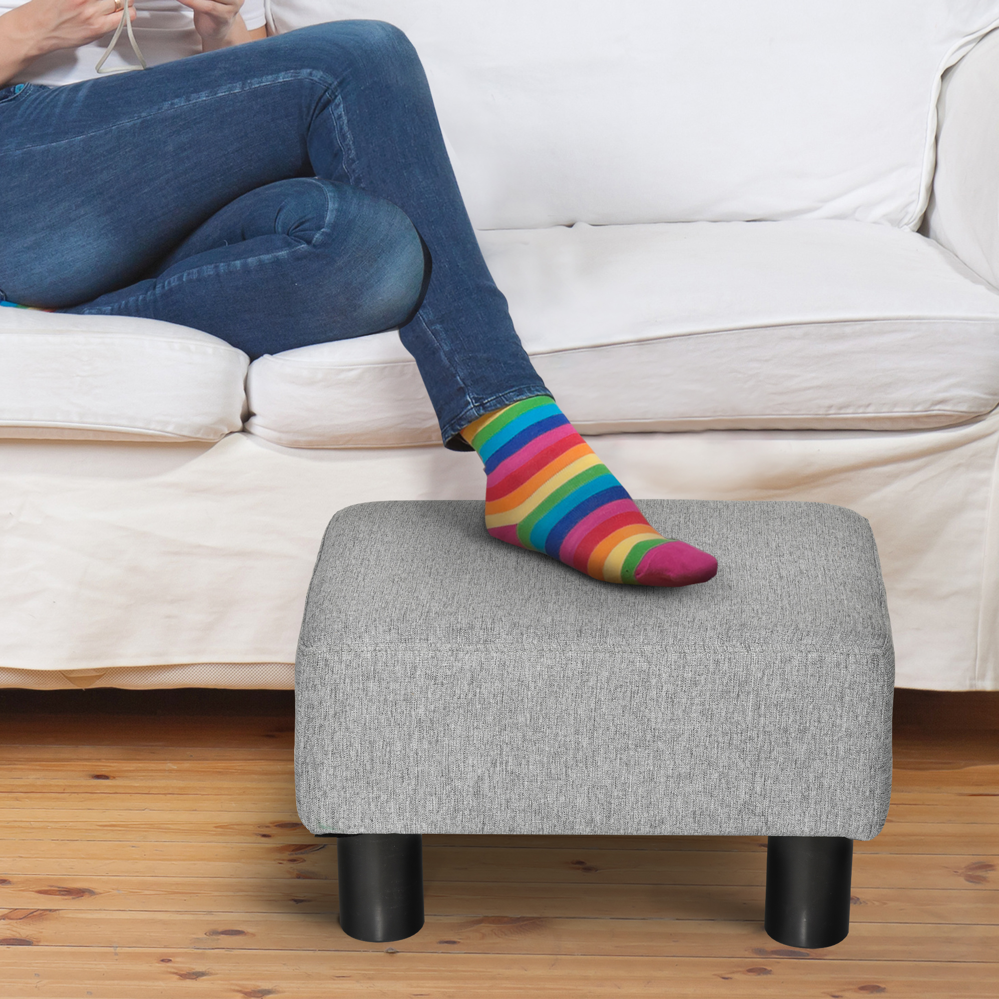 Hocker mit Stoffbezug in Leinenoptik, bis 110 kg, hellgrau, 40 x 30 x 24cm