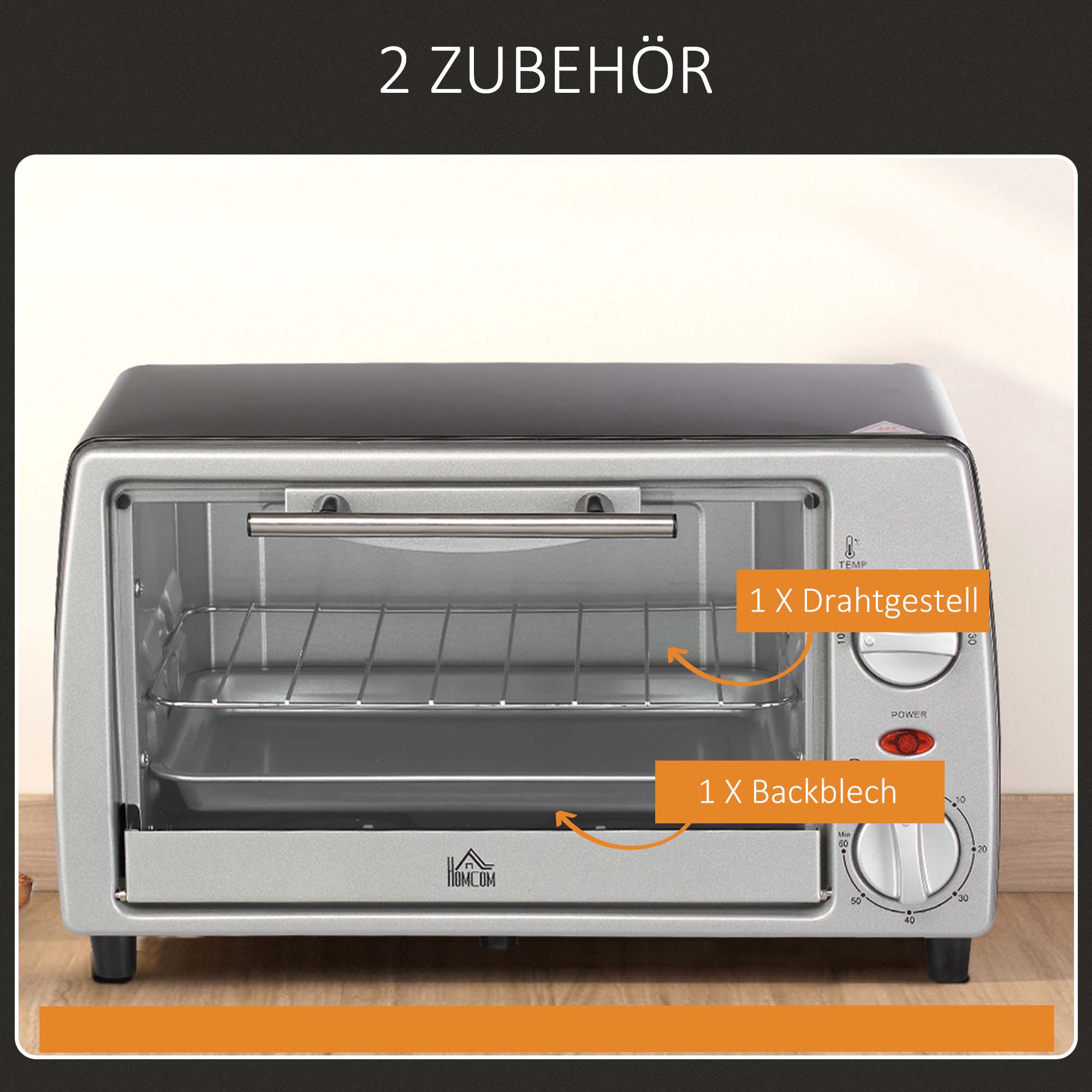 Mini Backofen 10 L 750W 100-230℃ 60 Min. Timer mit Backblech, Grillrost und Herausnehmbarer Bodenschale, Pizza-Ofen Silber