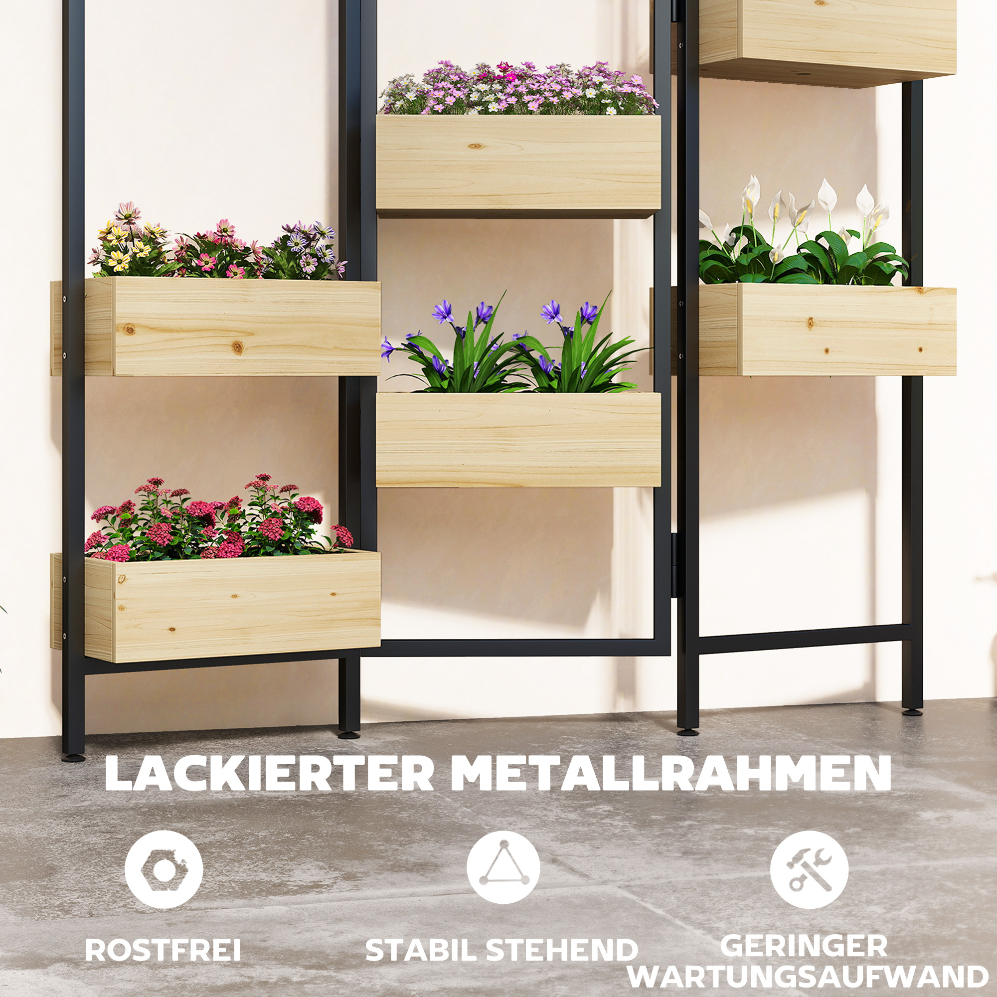 Blumenkasten mit Sichtschutz, Hochbeet mit Klappbarem Spalier, 6 Pflanzkästen mit Ablauflöchern, Stahl
