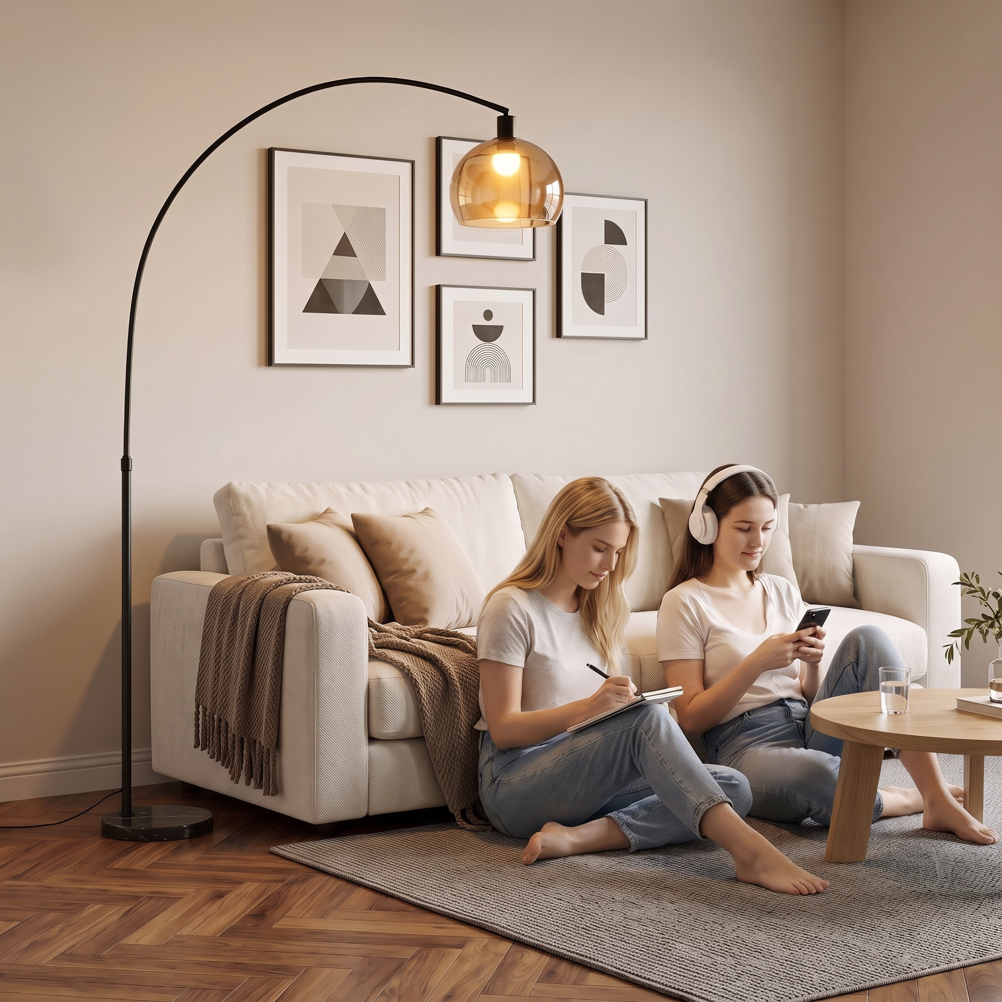 Stehlampe, gebogener Kopf, Fußschalter, Marmorsockel, Kunststoffschirm, Grau