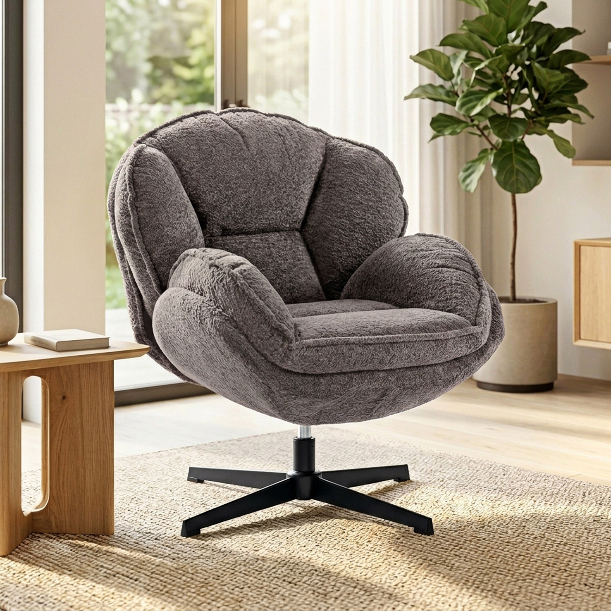 Moderner Wingback-Sessel, Samt-Armlehnsessel mit Vier-Sterne-Basis, S-Federn, 360° Drehfunktion, Grau