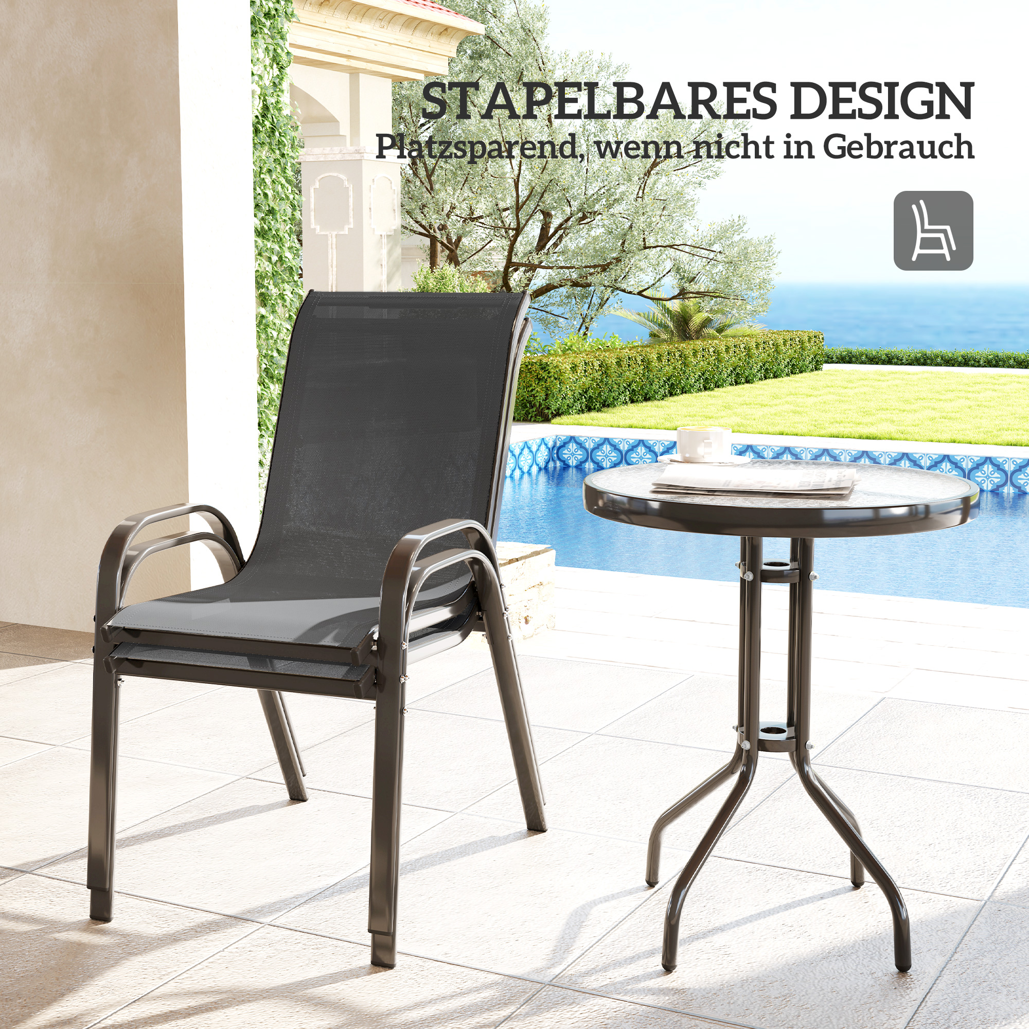 Bistro-Set 3-teilig Wetterfest Gartenmöbel Set mit Glastisch Stapelbare Gartenstühlen Dunkelgrau