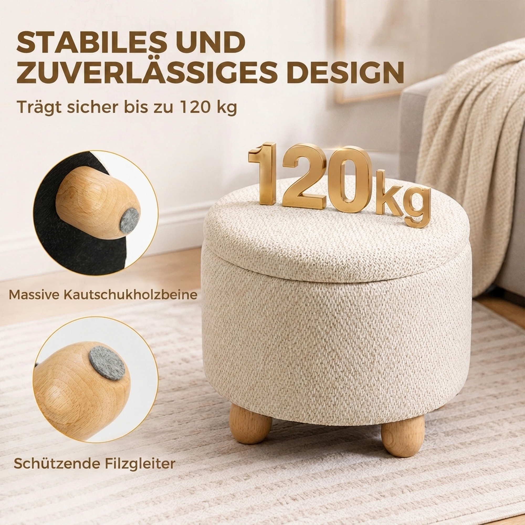Hocker mit Stauraum, Runder Sitzhocker mit Deckel, Leinenoptik für Wohnzimmer, Schlafzimmer, 38,5x38,5x33,5 cm Beige