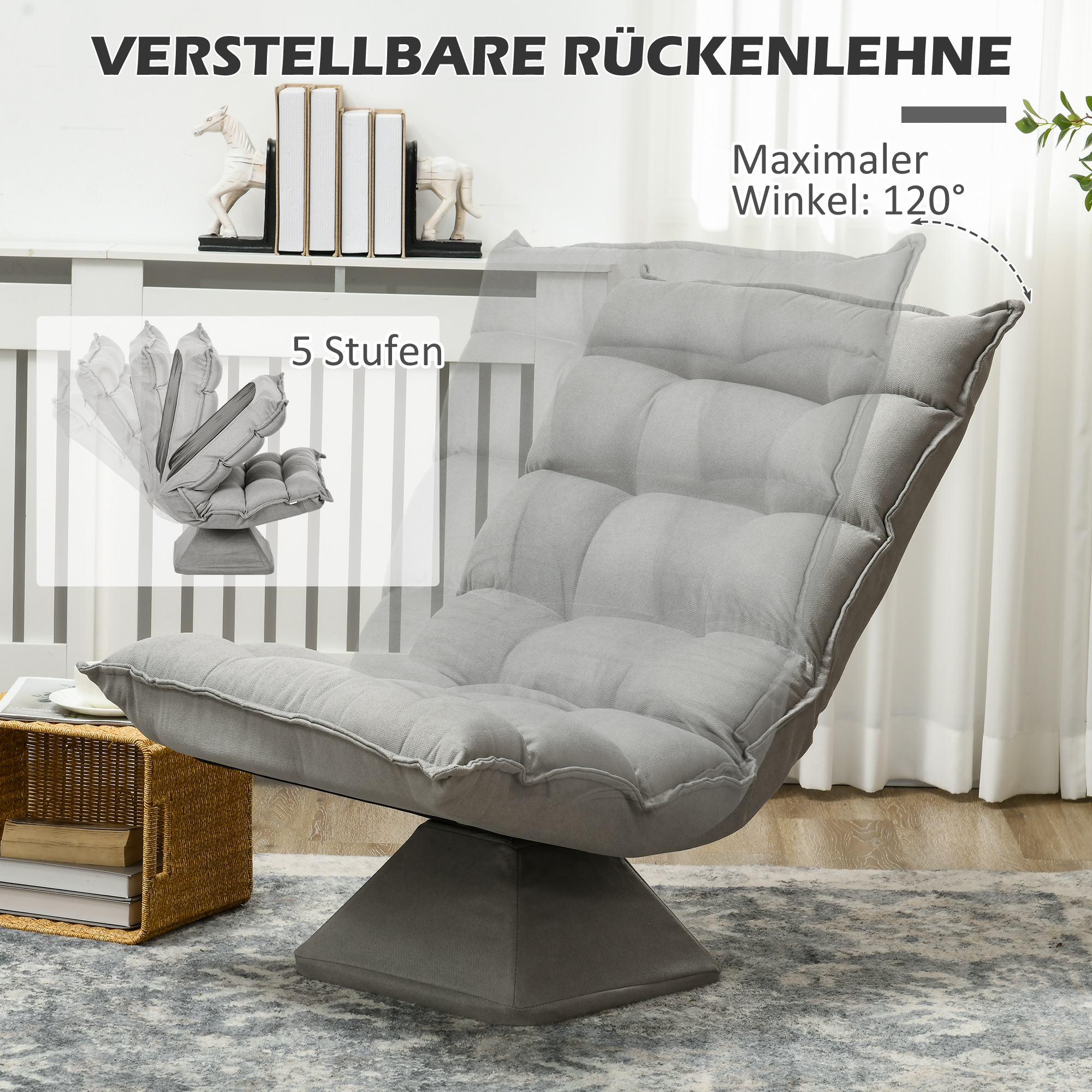 Relaxsessel Lesesessel, drehbar, Samtoptik, 62 cm x 70 cm x 95 cm, Hellgrau