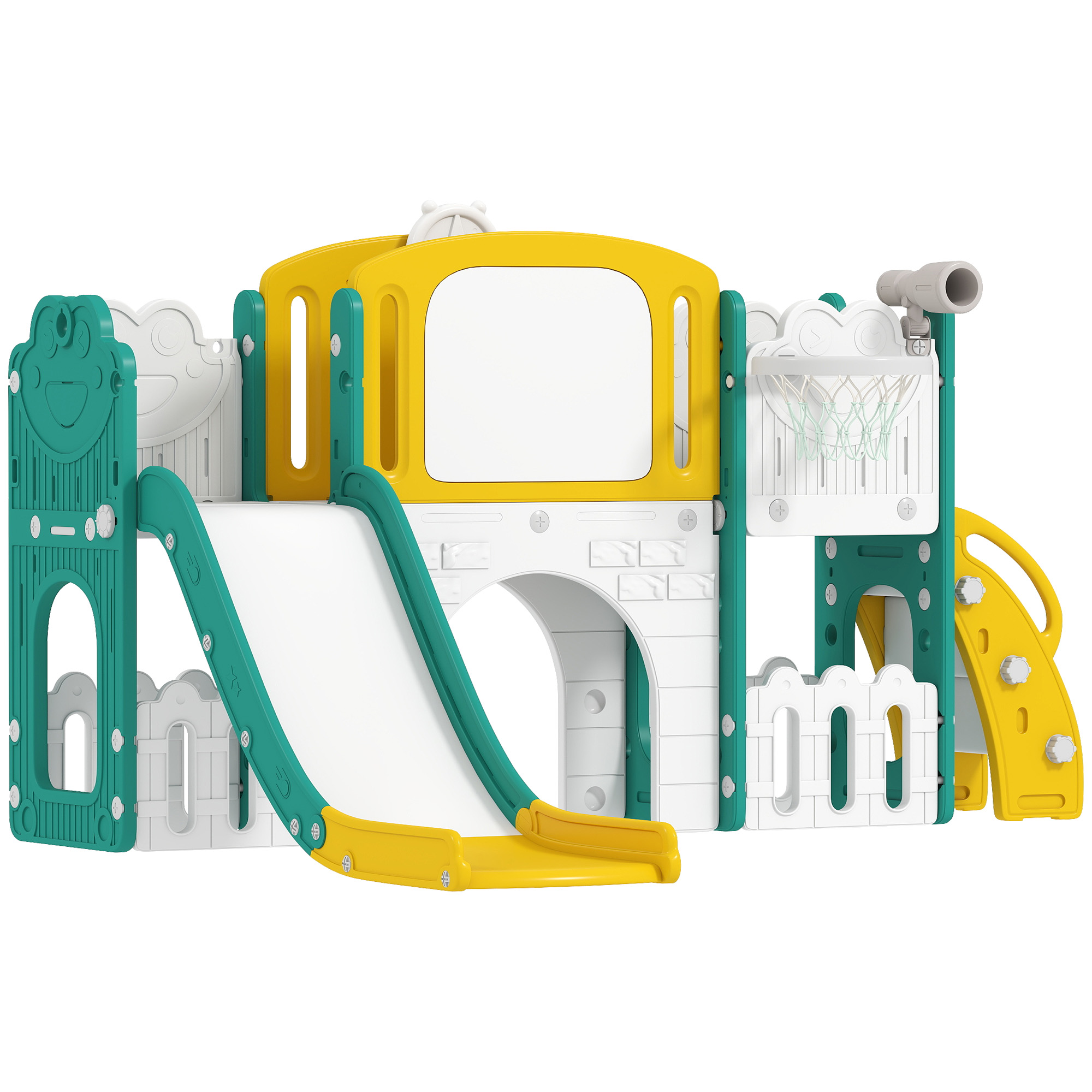 7-in-1 Rutschenset für Kleinkinder, Basketballkorb, Froschdesign, Klettergerüst, Schaukelsitz, für drinnen und draußen, Gelb+Grün