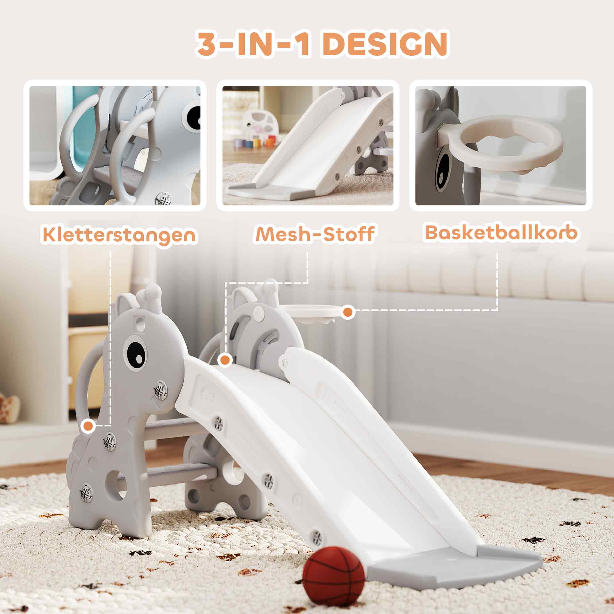 3-in-1 Rutsche für Kinder, Giraffenform, Basketballkorb, Ball, Grau