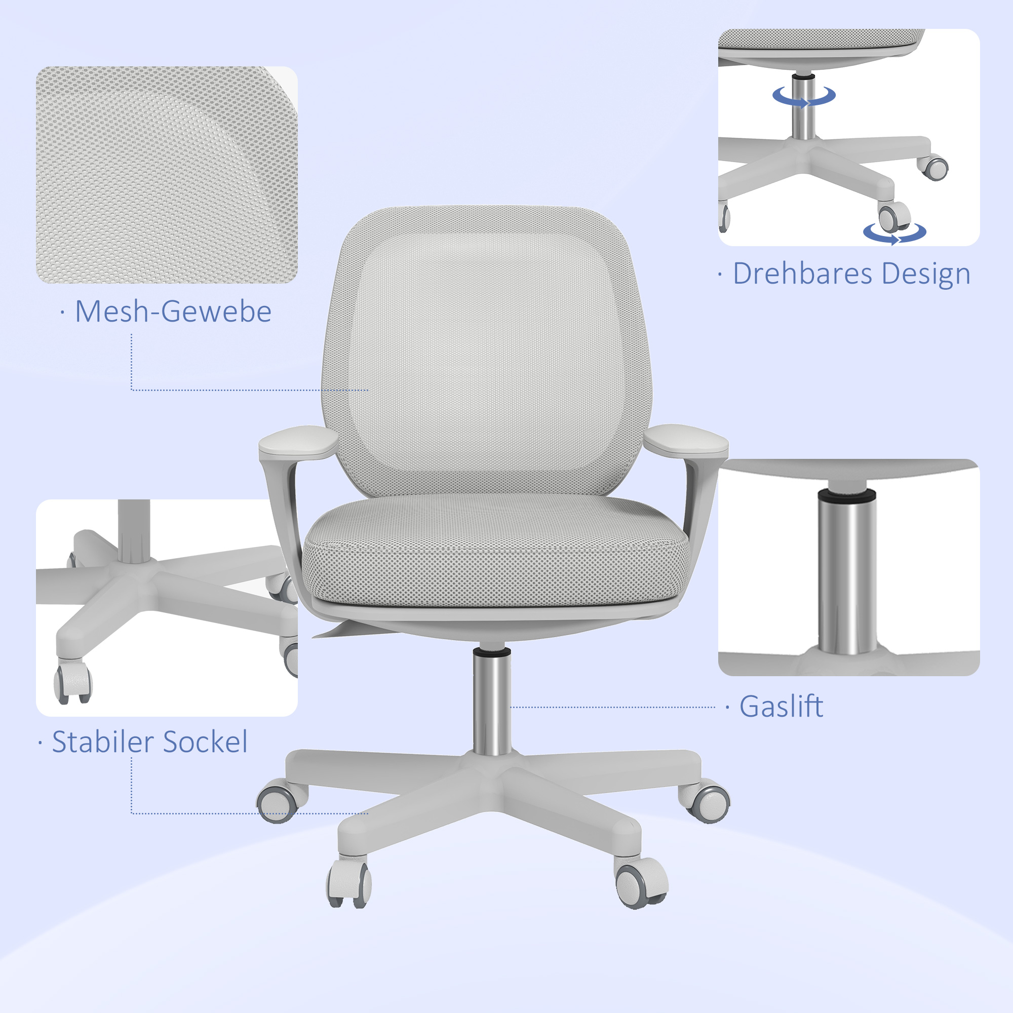 Bürostuhl, Ergonomisch Schreibtischstuhl mit Drehfunktion, Höhenverstellbar 55 x 48 x 82,5-94,5 cm Grau