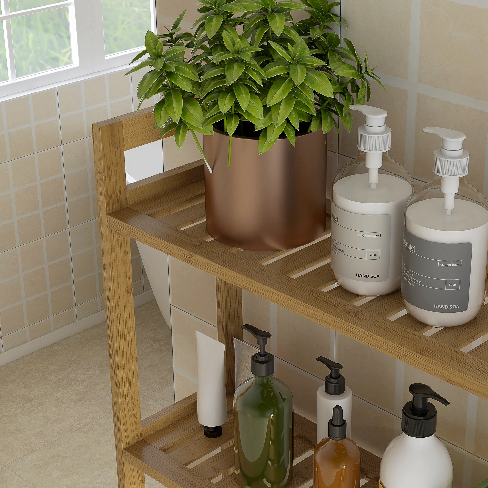Badezimmerregal Badregal Toilettenregal, 3 Regale, wasserbeständig, 68 cm x 20 cm x 165 cm, Natur