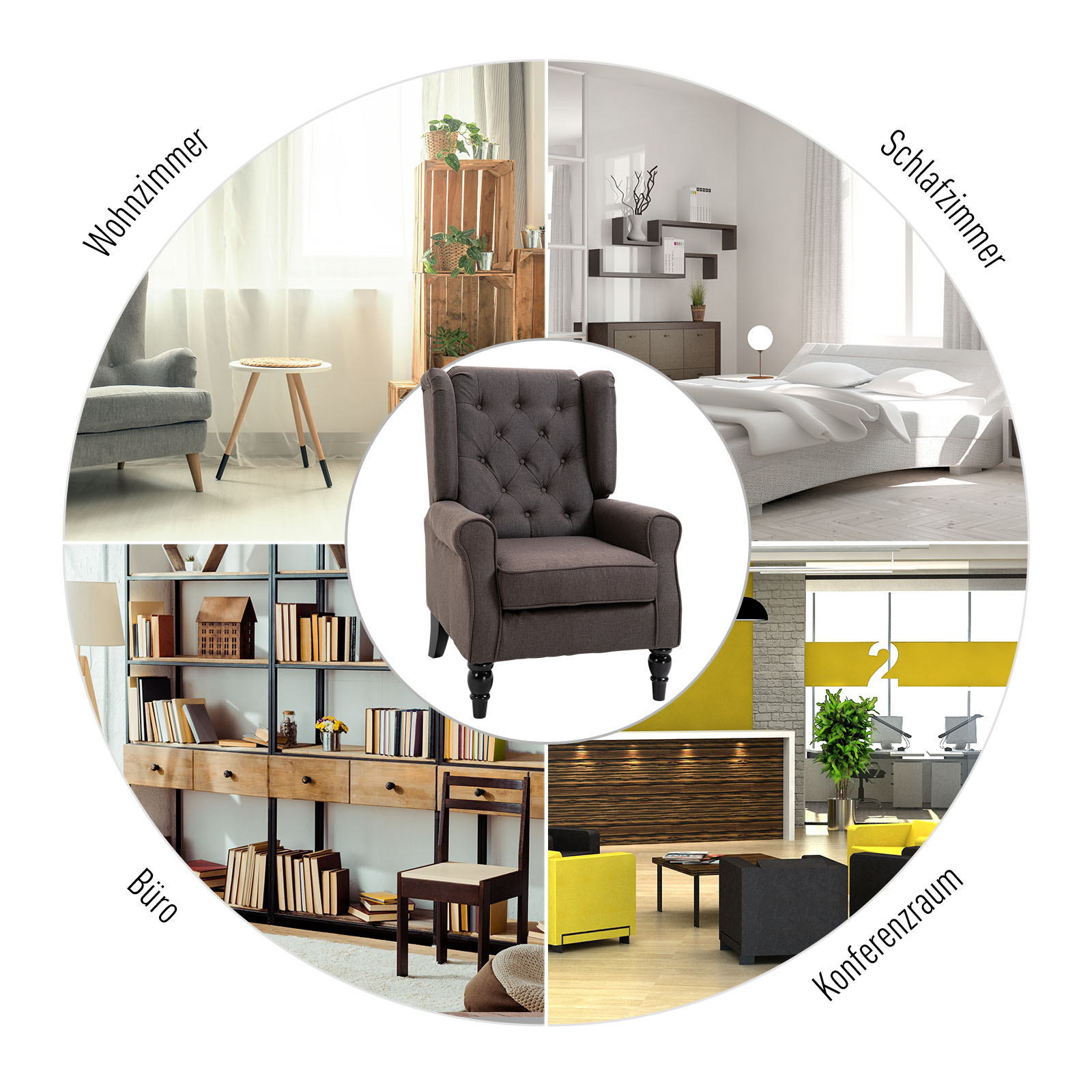 Ohrensessel Sessel mit Tufting, hoher Rückenlehne, Gepolstert Loungesessel mit abgerundeten Armlehnen, Holzbeine, für Schlafzimmer, Wohnzimmer, bis 160 kg, Braun