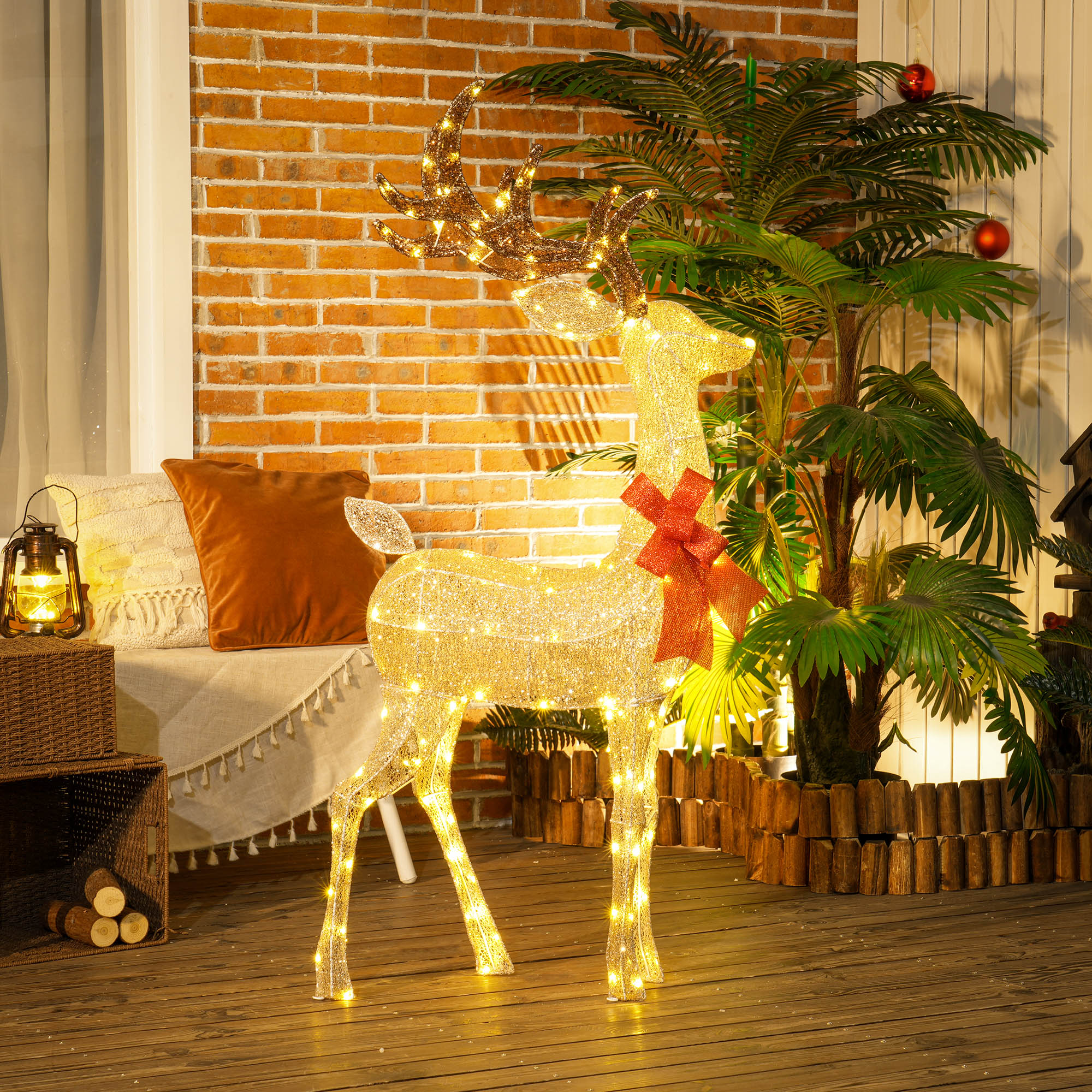 Rentier mit roter Schleife, 137 LEDs, Weihnachtsbeleuchtung, wetterfest, 66 x 25 x 135 cm, Gold