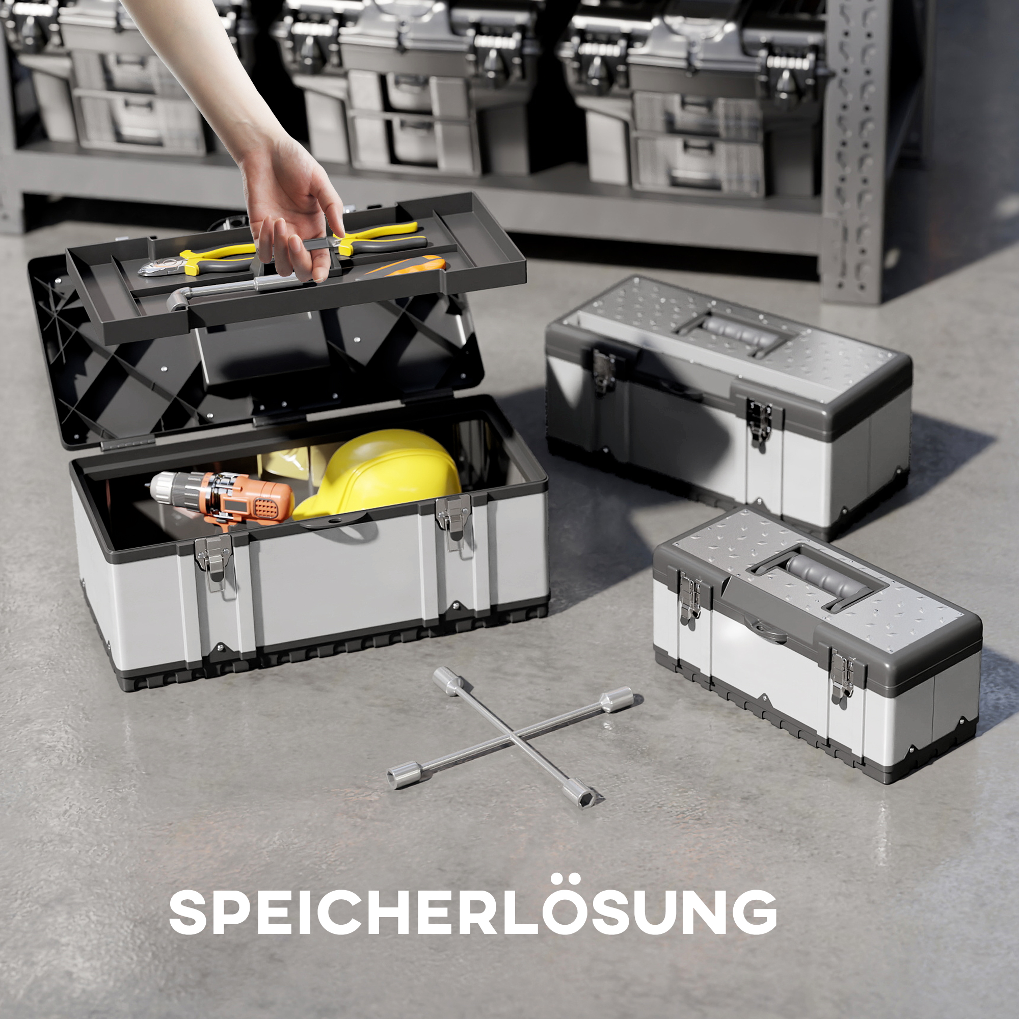 3-teiliges Werkzeugkasten-Set, Edelstahl, Kunststoff, Silberfarben