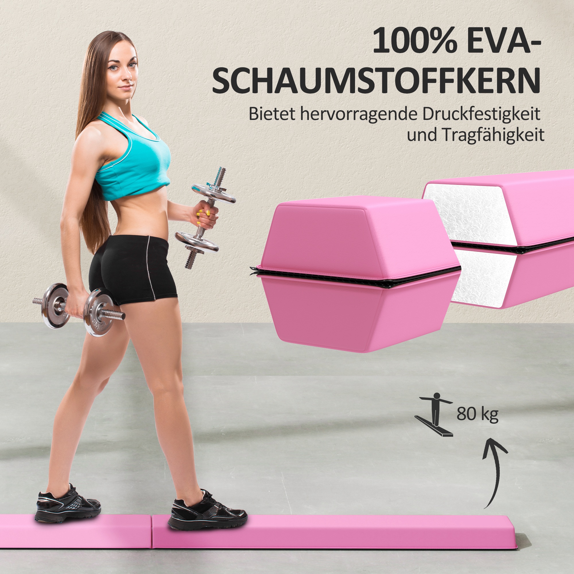 Schwebebalken 2,4 m, faltbar, rutschfester Boden, für 3+ Jahre, bis 80 kg, Hellrot