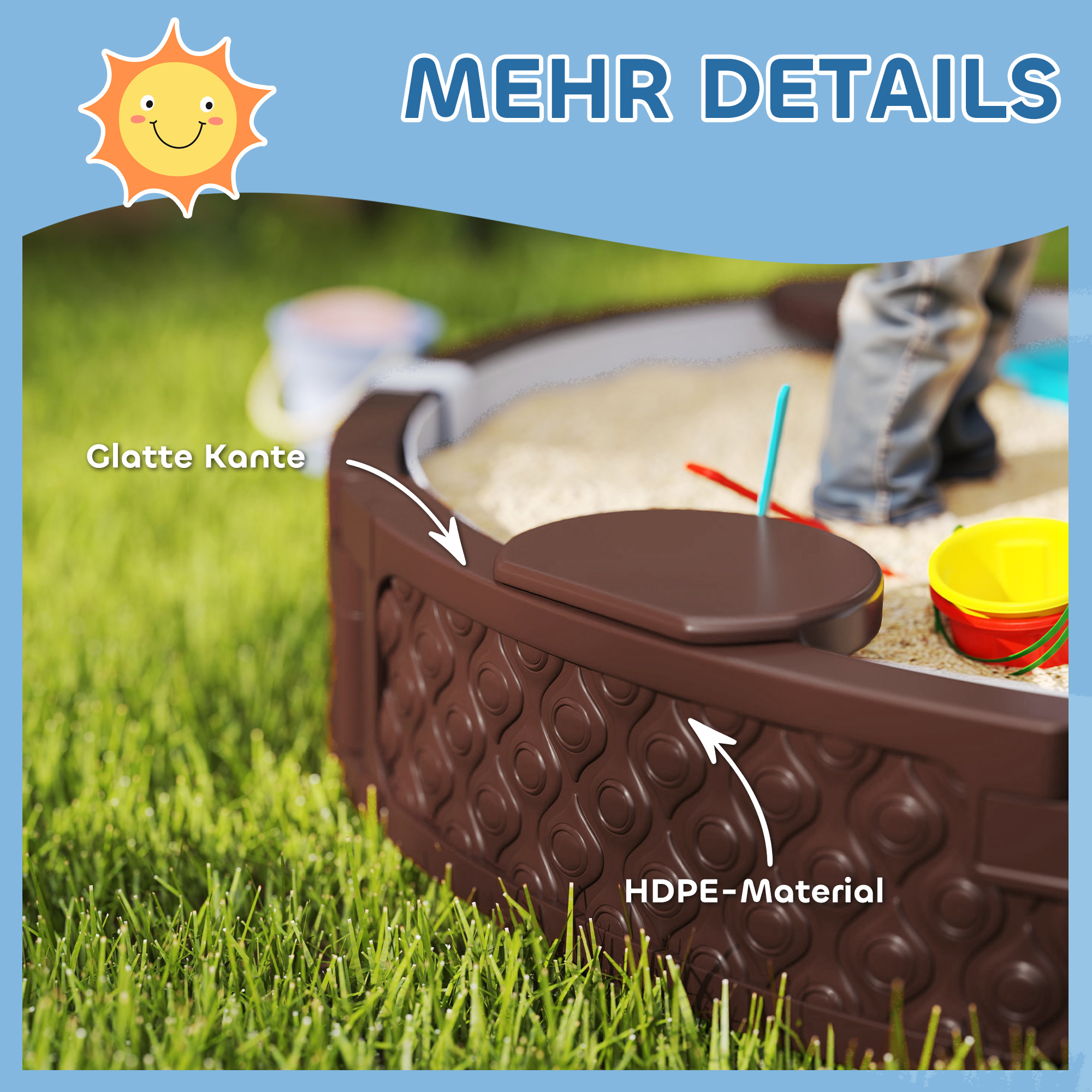 Sandkasten, Runde Sandkiste für bis zu 3 Kinder, mit 3 Sitzen, wasserfeste Unterlage, Schutzplane, 300 kg Sand