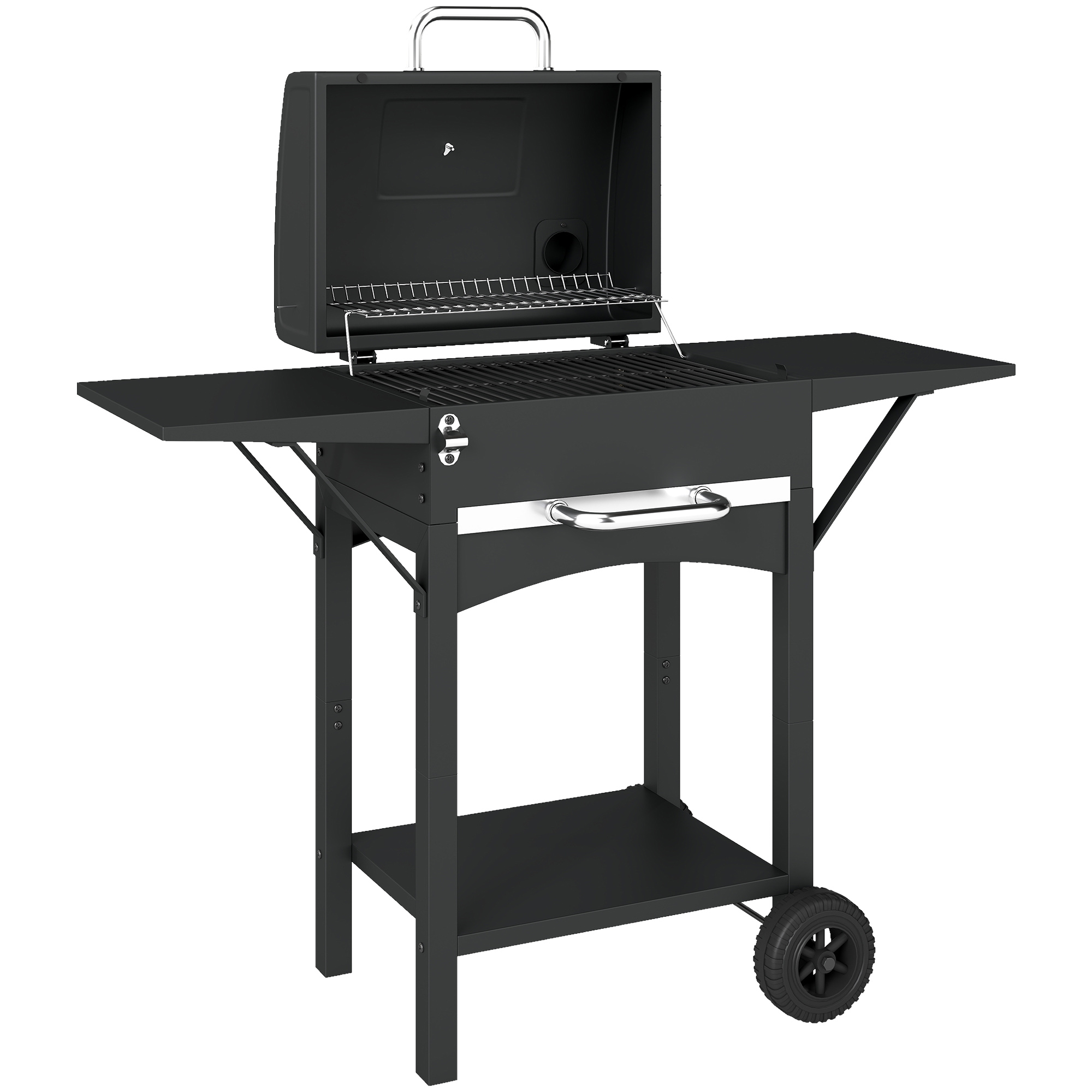 Holzkohlegrill mit Deckel, BBQ Smoker Grill mit 2 Seitentischen Große Grillfläche Grillrost Thermometer Räder