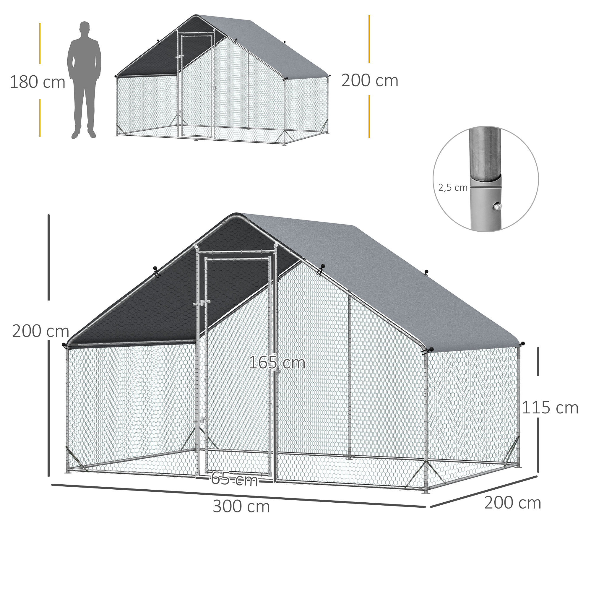 Hühnerstall, Freilaufgehege, Geflügelstall mit Schattendach, Freigehege für 4-6 Hühner, Enten Kaninchen, 3 x 2 x 2 m