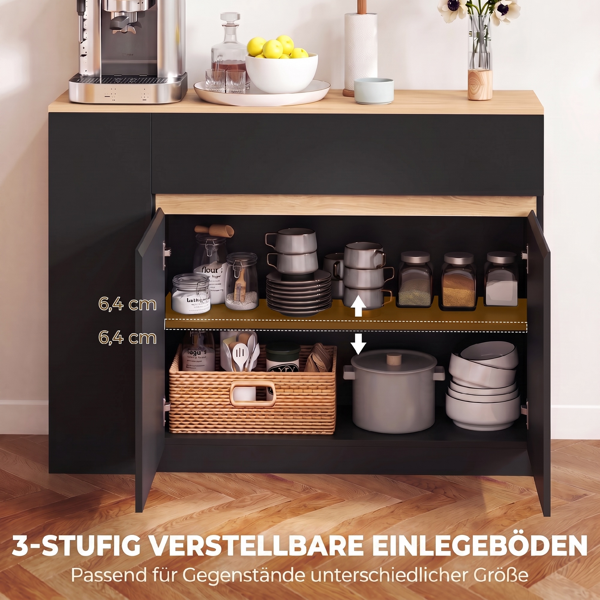Sideboard, Buffet, großes Schrankfach, 3-stufiges Regal, Schublade, schwarz, 110 x 29,5 x 82cm