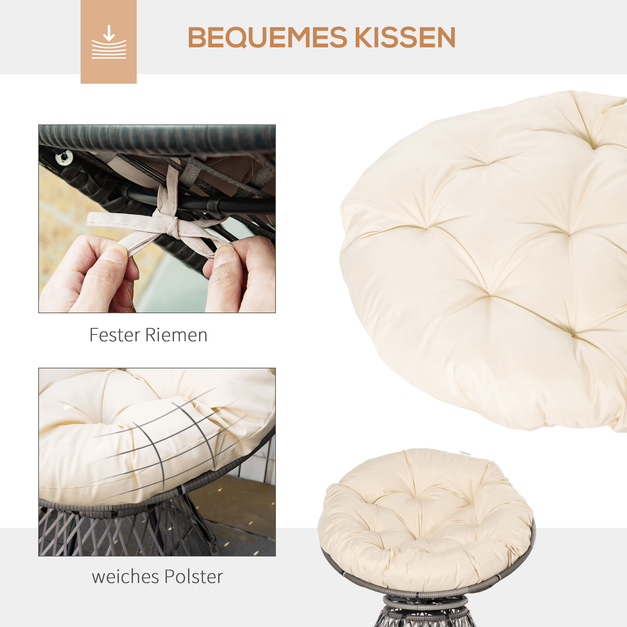 Papasansessel, Korbsessel, Sitzkissen, Kunstrattan, drehbar, Metallrahmen, 87 x 97 x 90 cm, Beige
