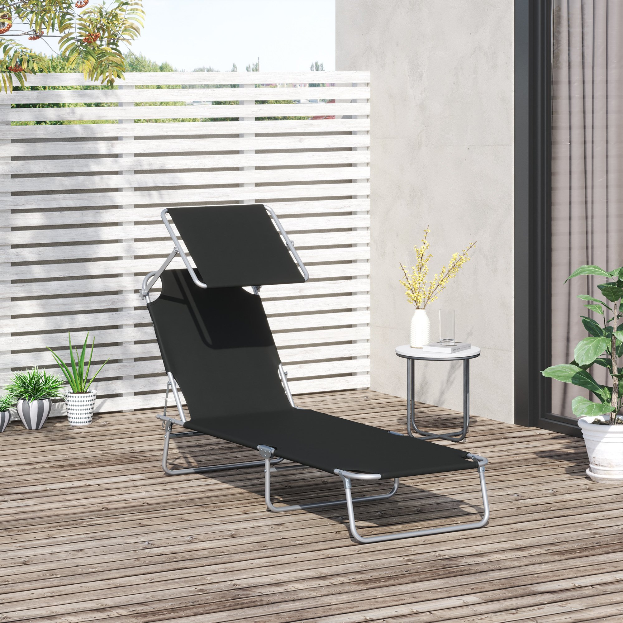 Sonnenliege klappbar Gartenliege mit Sonnenschutz Liegestuhl mit 4-Fach verstellbare Rückenlehne Campingliege bis 120kg belastbar für Garten, Balkon und Pool geeignet, 6 Farben(Schwarz )