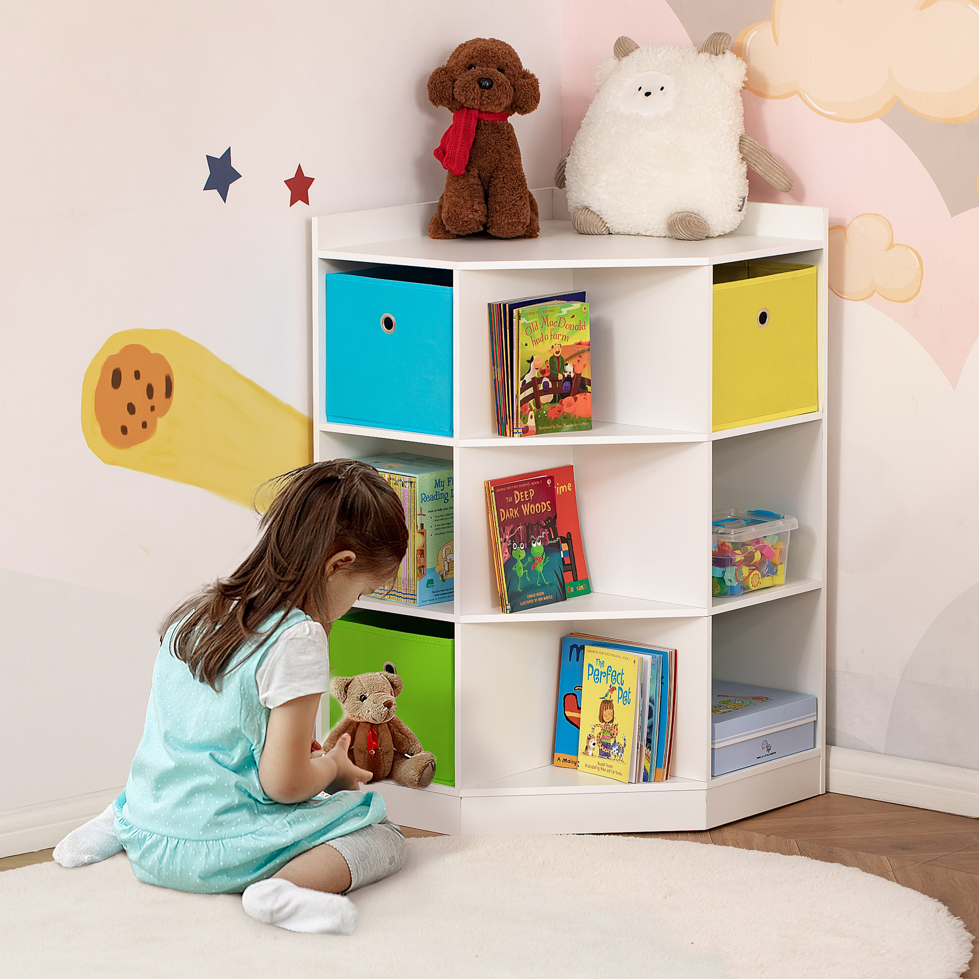 Aufbewahrungsregal für Kinder, 3 Vliesschubladen, MDF, kippsicher, Weiß